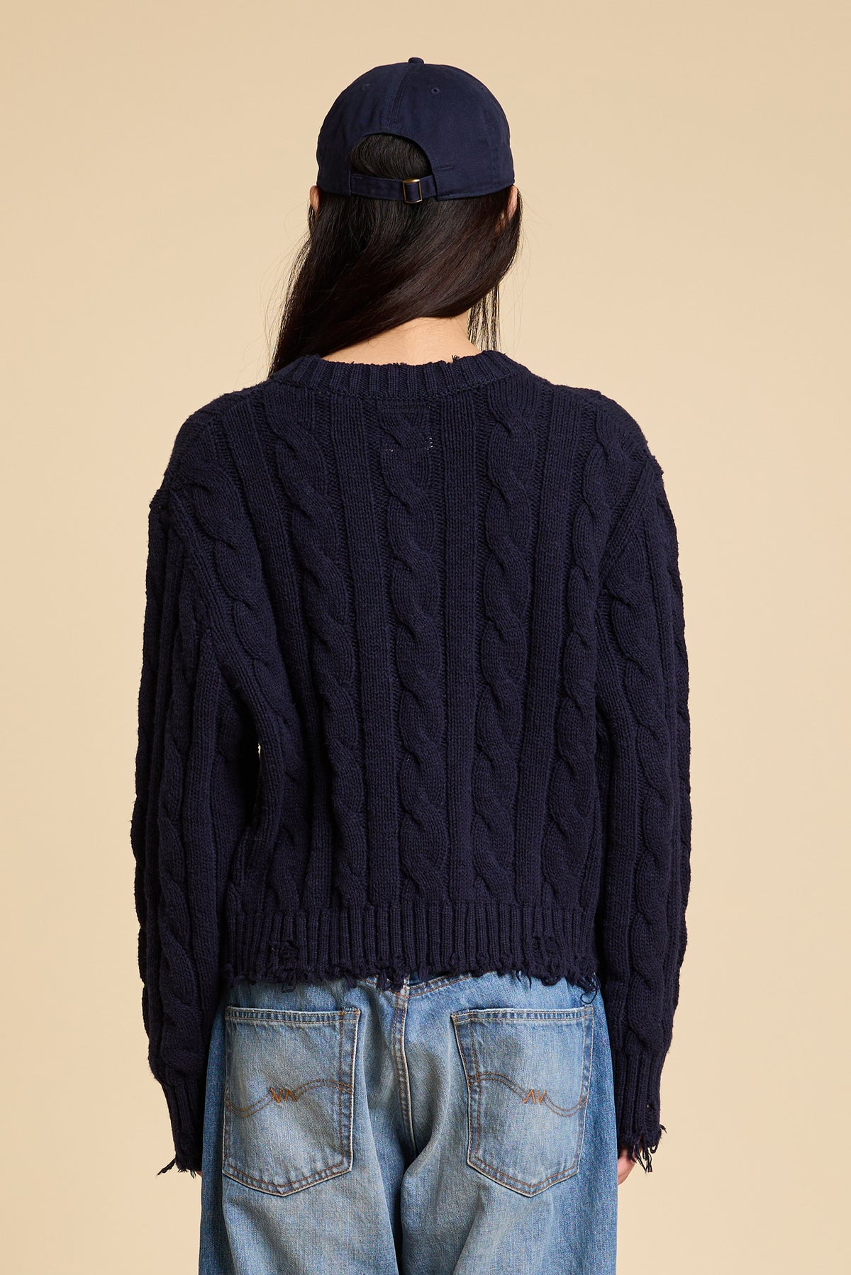 V Neck Cable Sweater - Navy