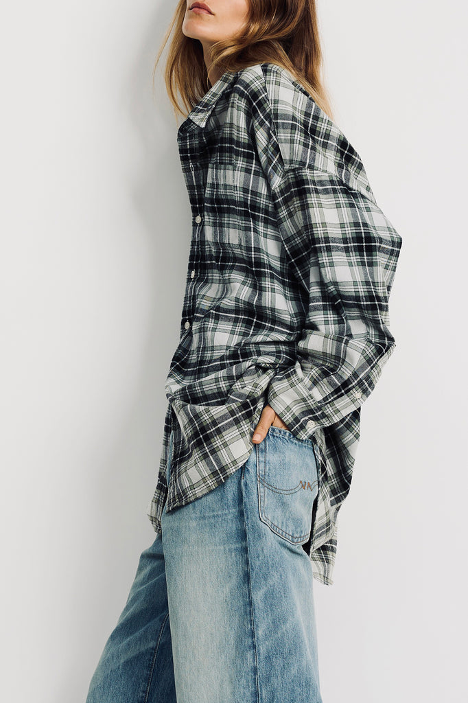 Button Front Shirt - Green/Ecru Plaid