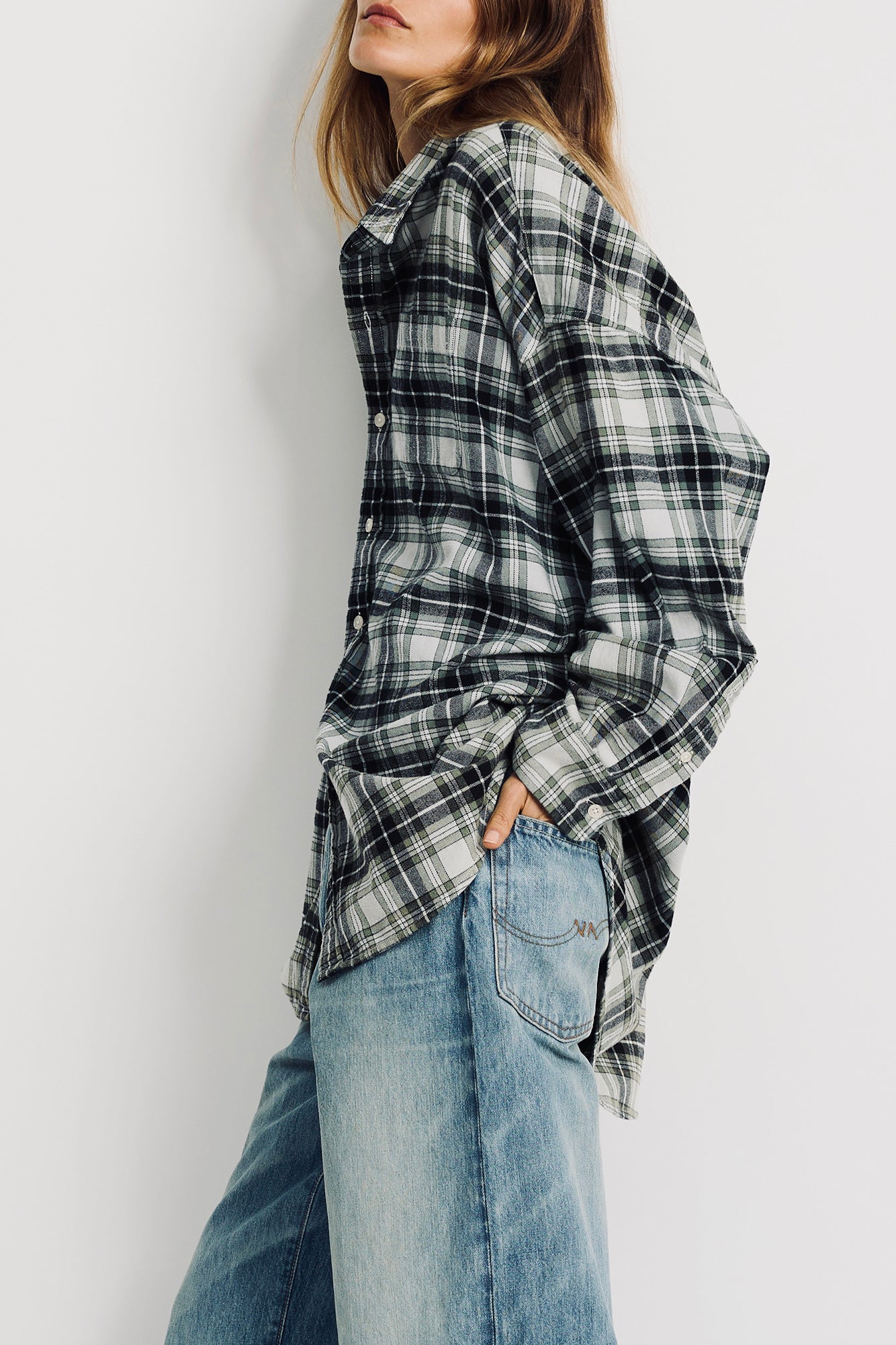 Button Front Shirt - Green/Ecru Plaid