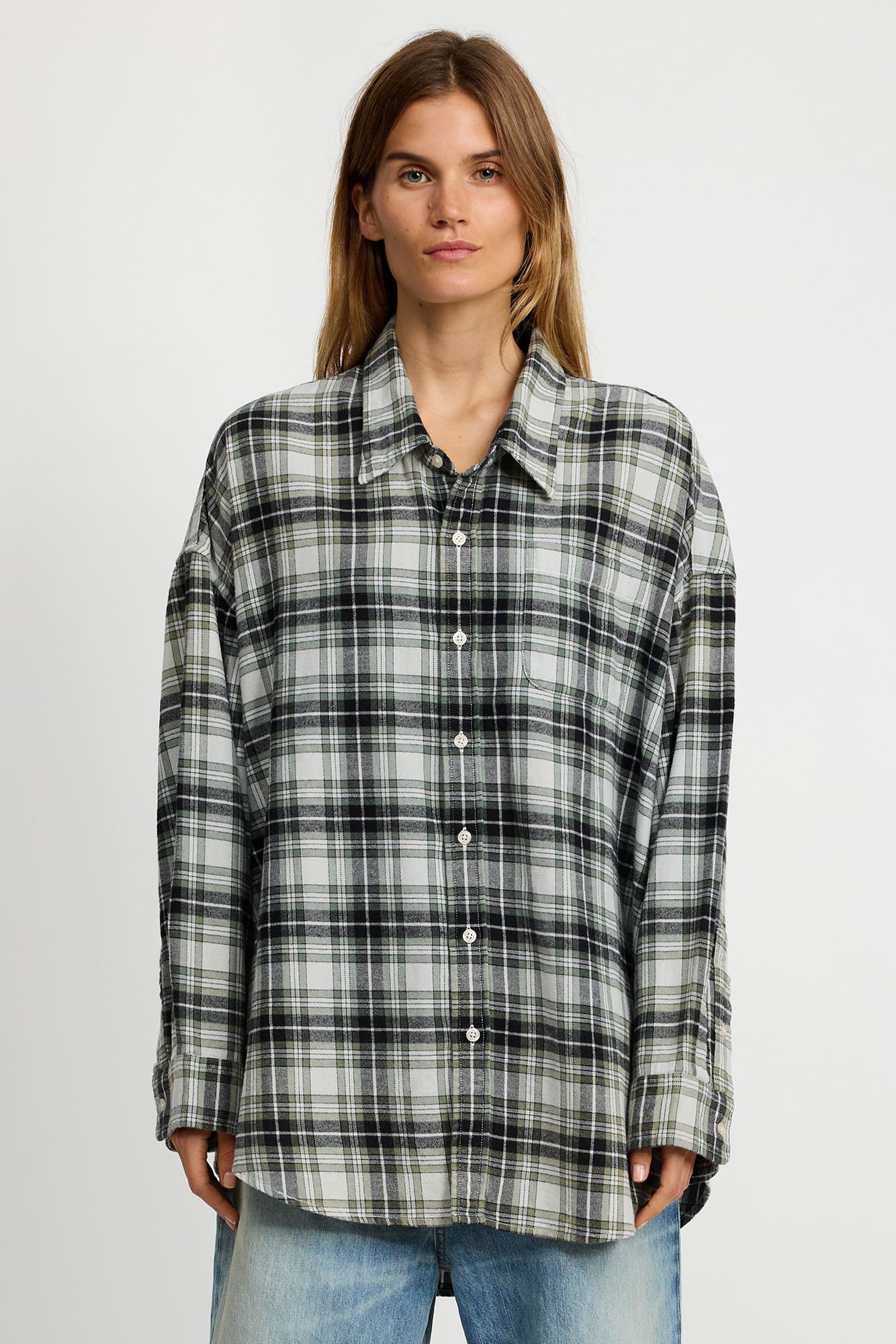 Button Front Shirt - Green/Ecru Plaid