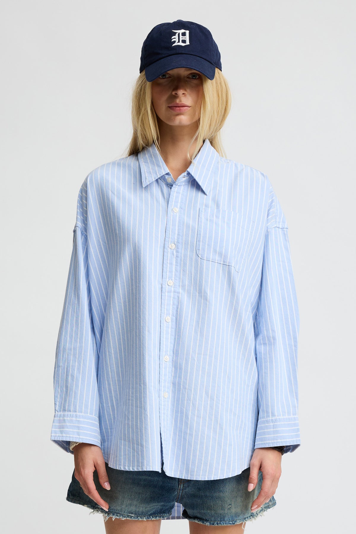 Button Front Shirt - Wide Light Blue Stripe