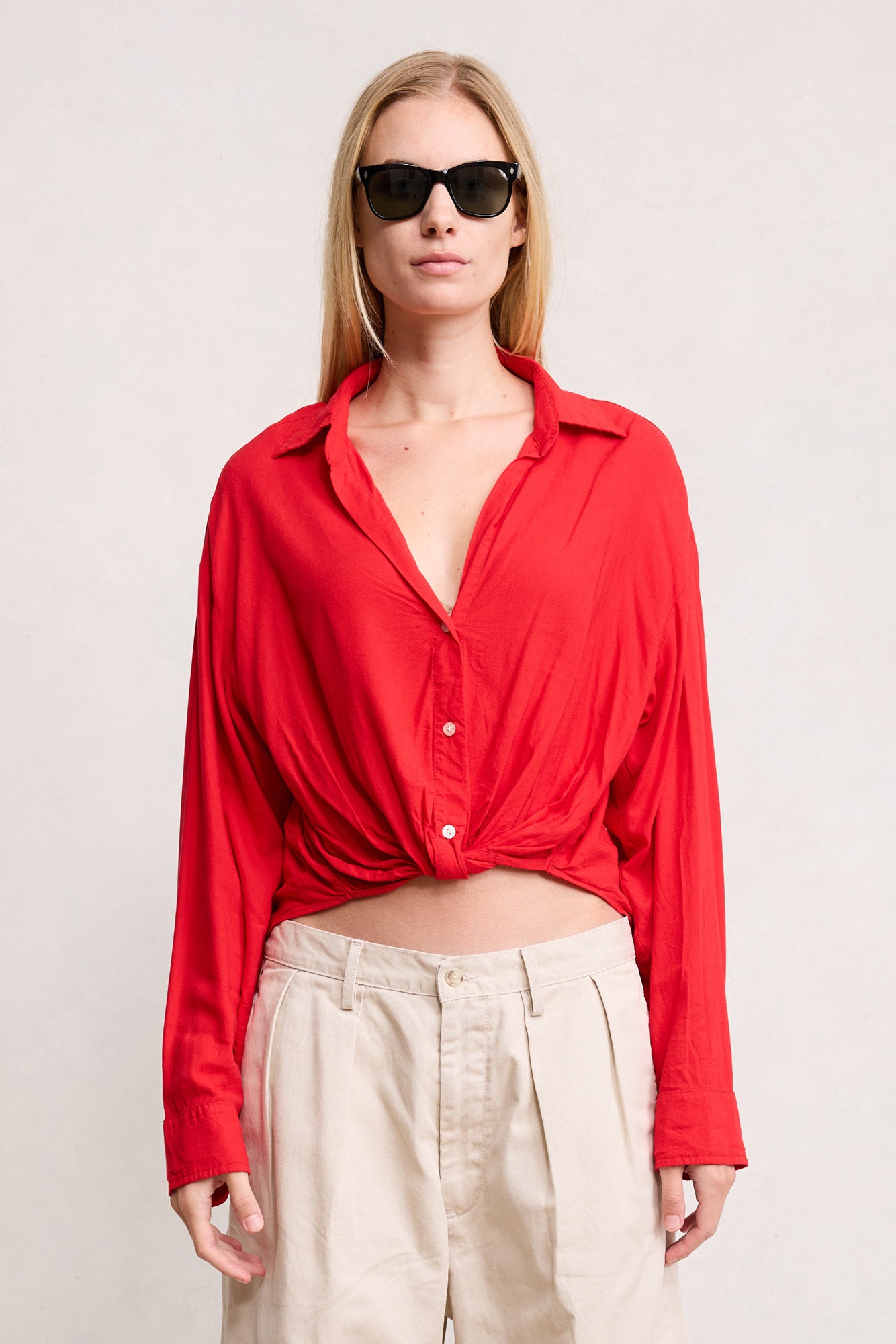 Slim Twisted Front Beach Shirt - Red