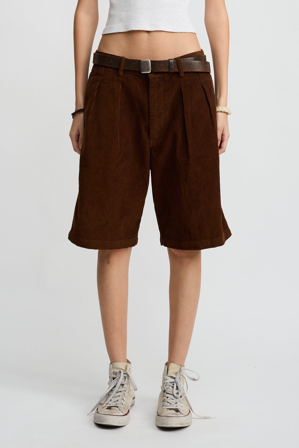 Double Pleat Long Short - Brown Corduroy