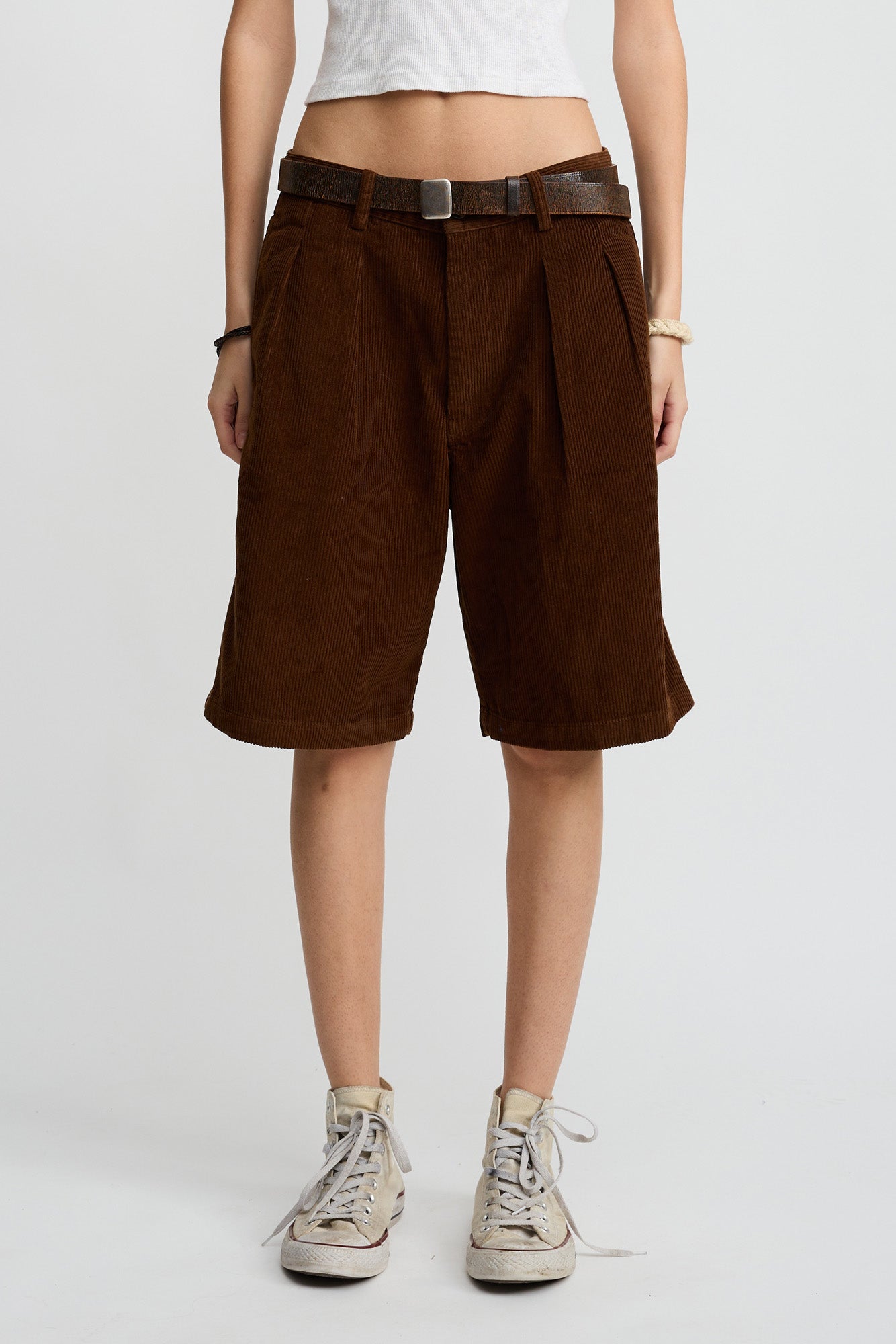 Double Pleat Long Short - Brown Corduroy