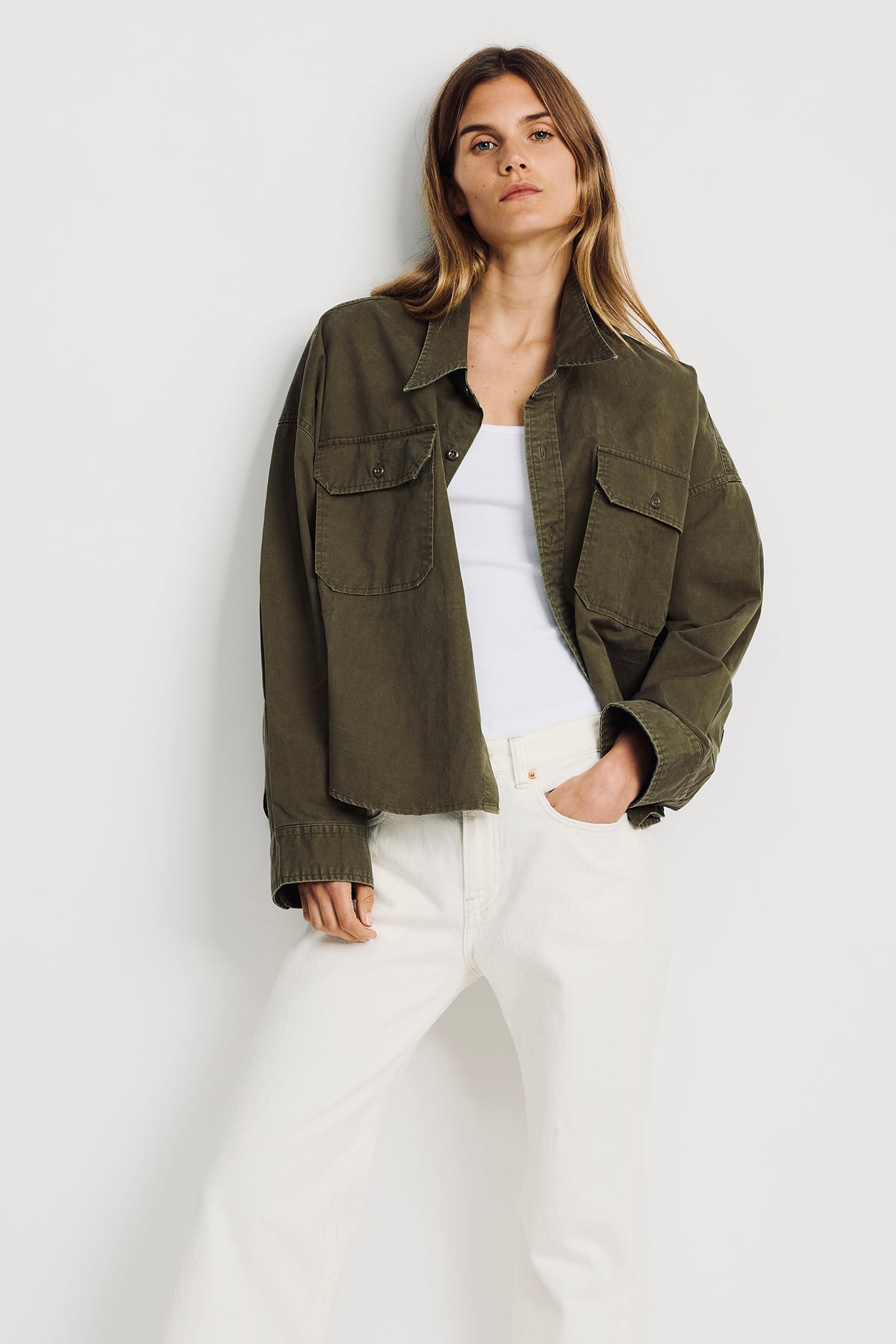 Cropped Utility Shirt - Olive Green