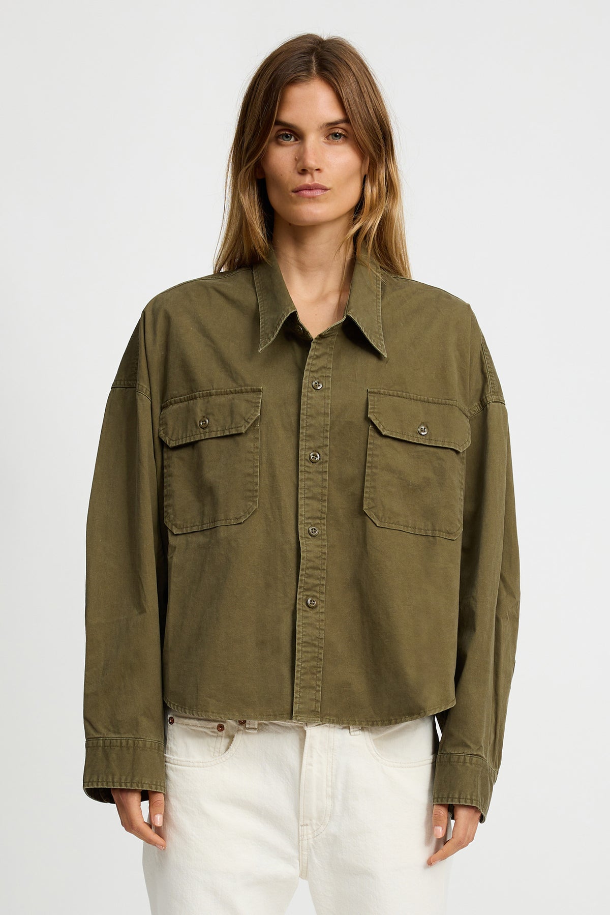 Cropped Utility Shirt - Olive Green - denimist Cropped Utility Shirt - Olive Green - denimist