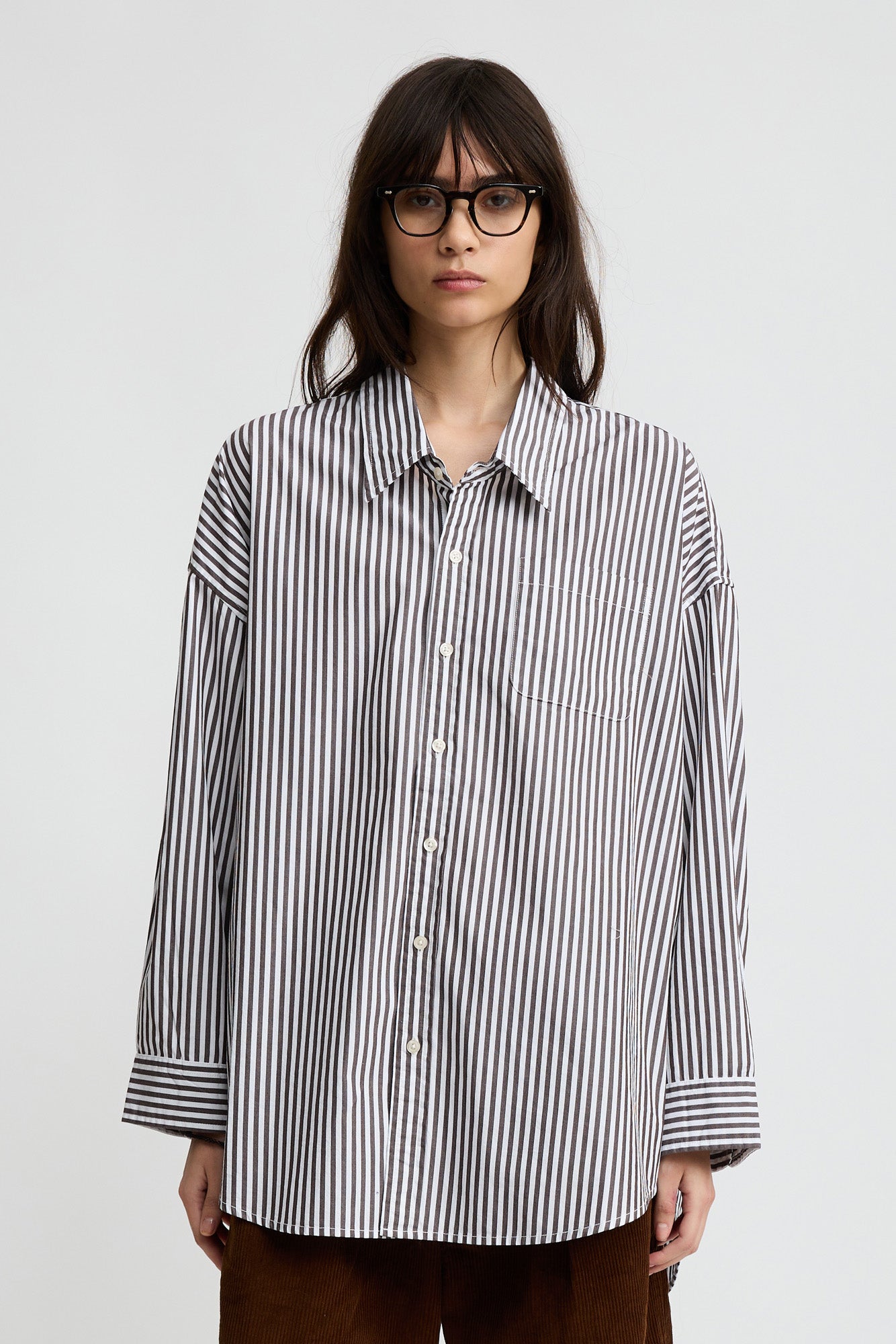 Button Front Shirt - Brown Wide Stripe