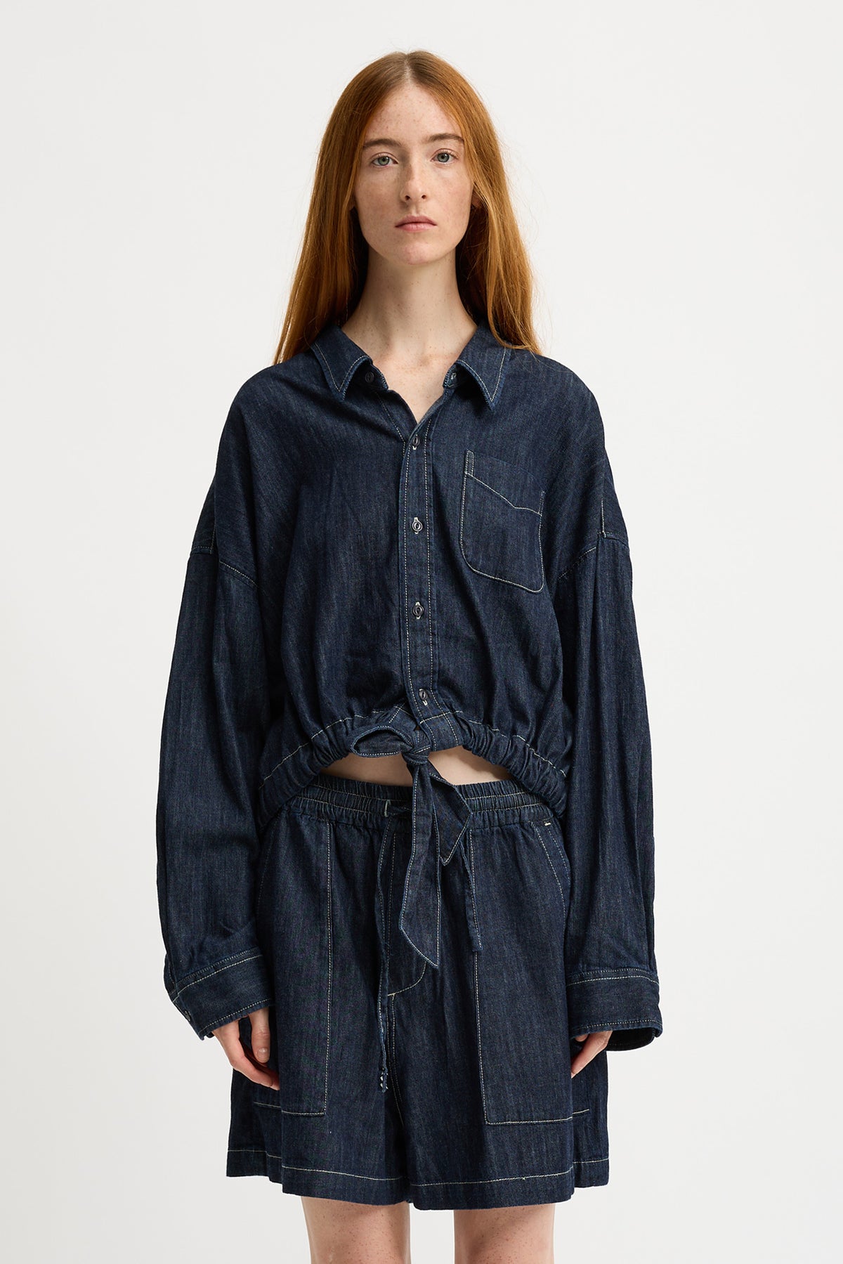 Long Sleeved Front Tie Shirt - Drapey Rinse Indigo