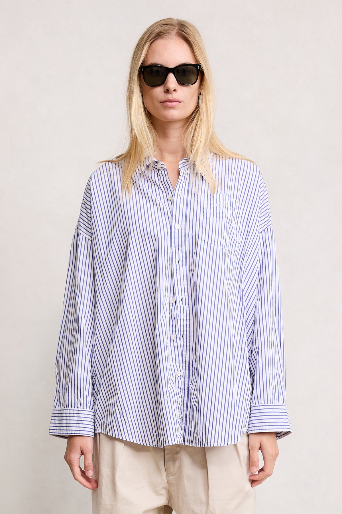Sutton Button Front Shirt - Wide Blue Stripe