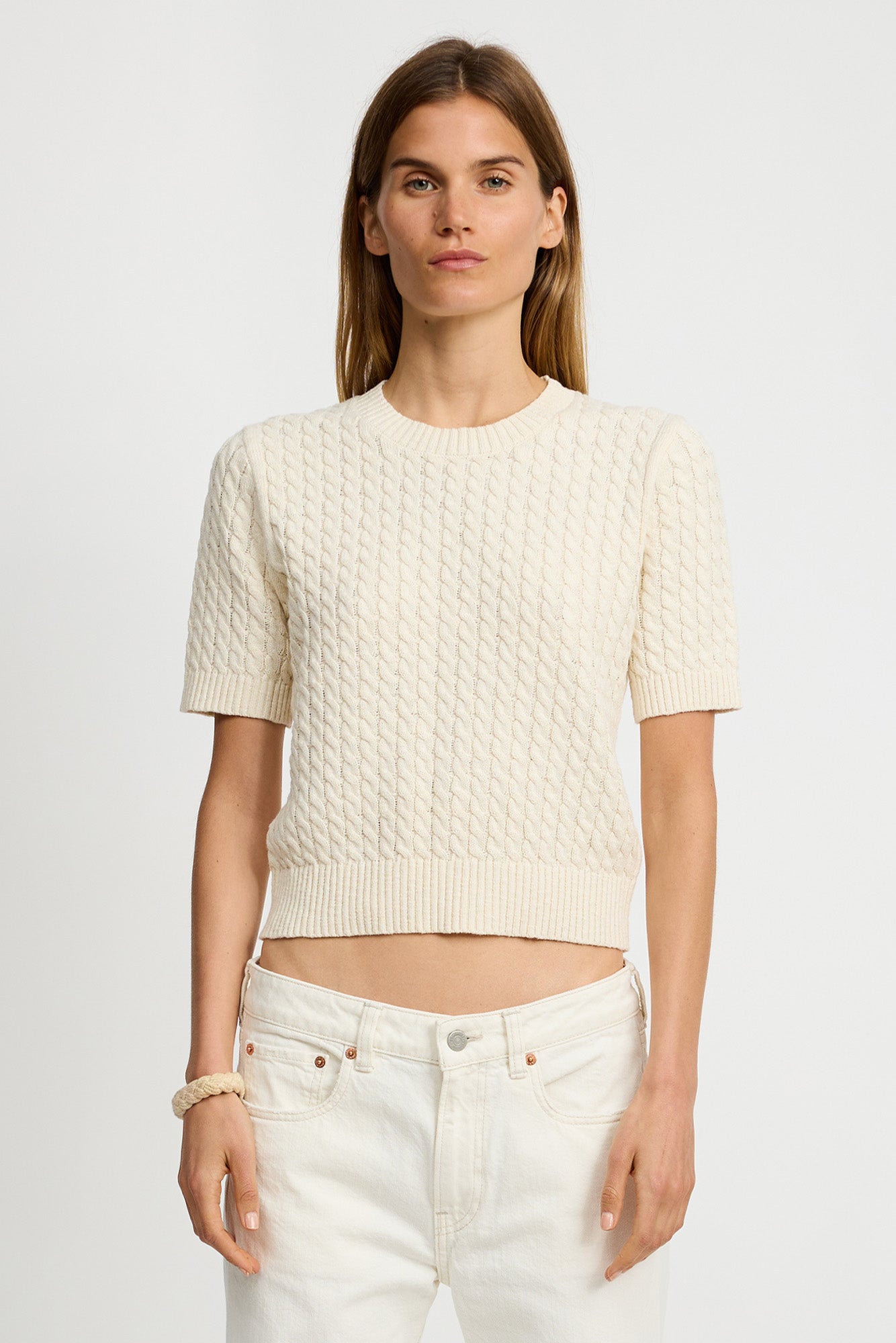 Short Sleeve Cable Crewneck - Cream Khaki