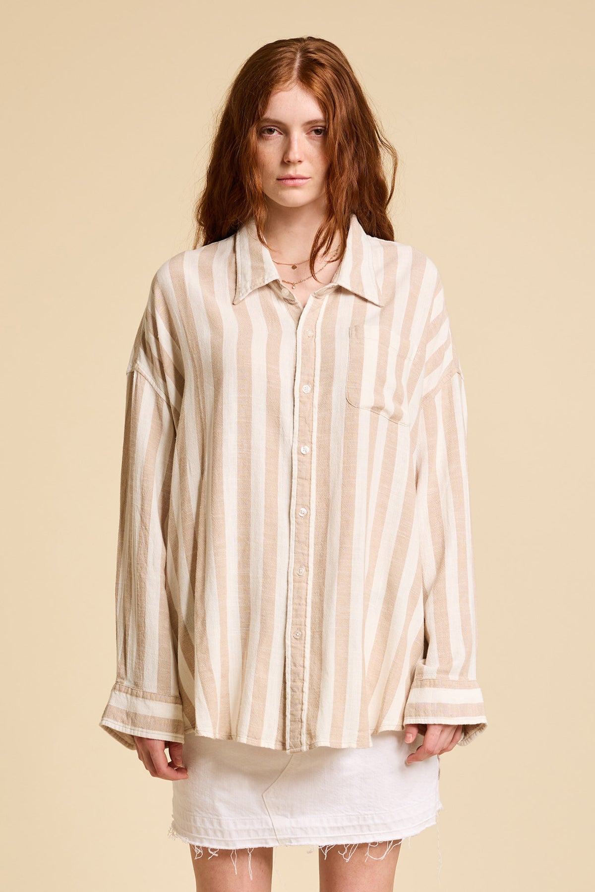 Button Front Shirt - Jumbo Beige/Ecru Stripe