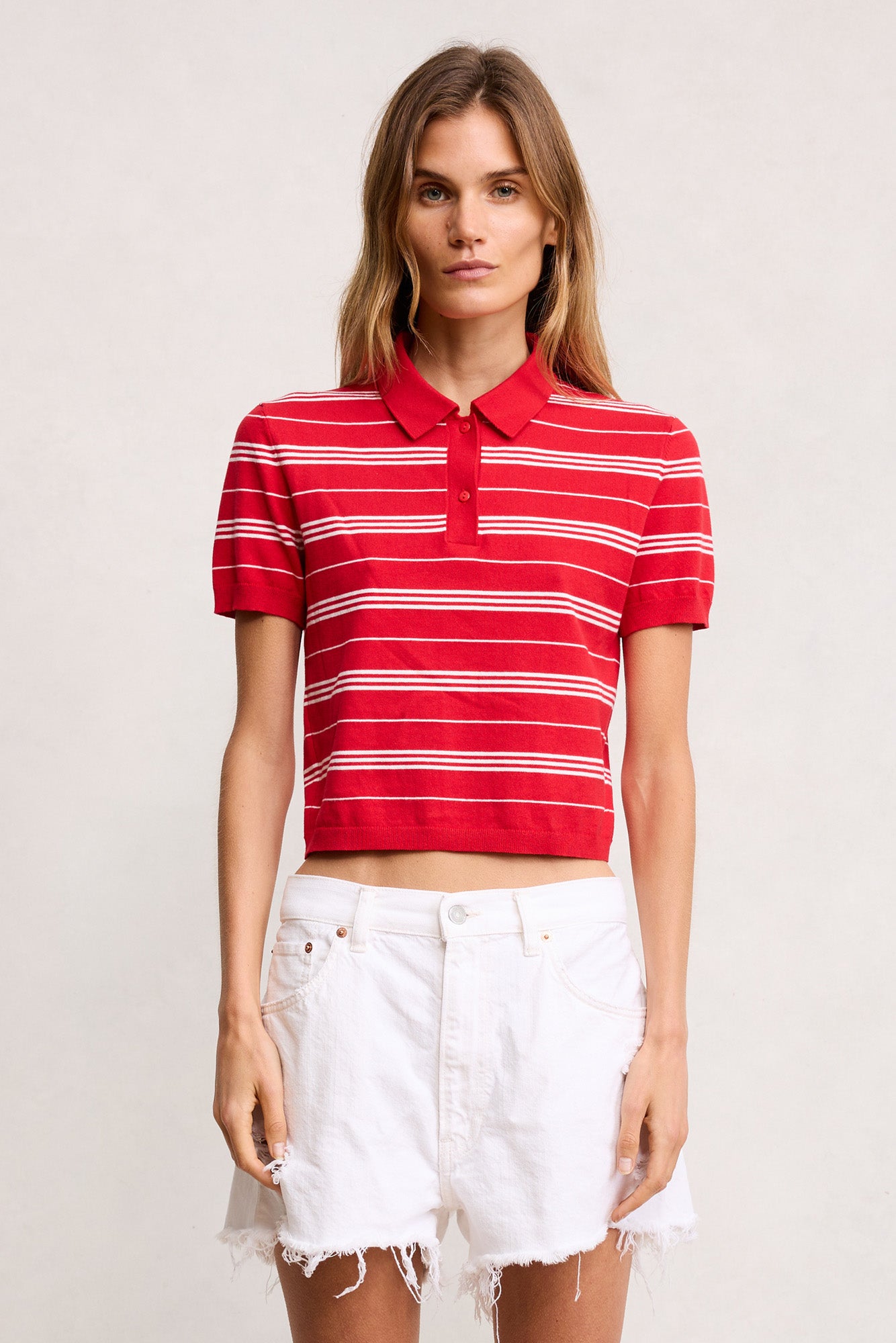Shrunken Polo Sweater - Red And White Stripe