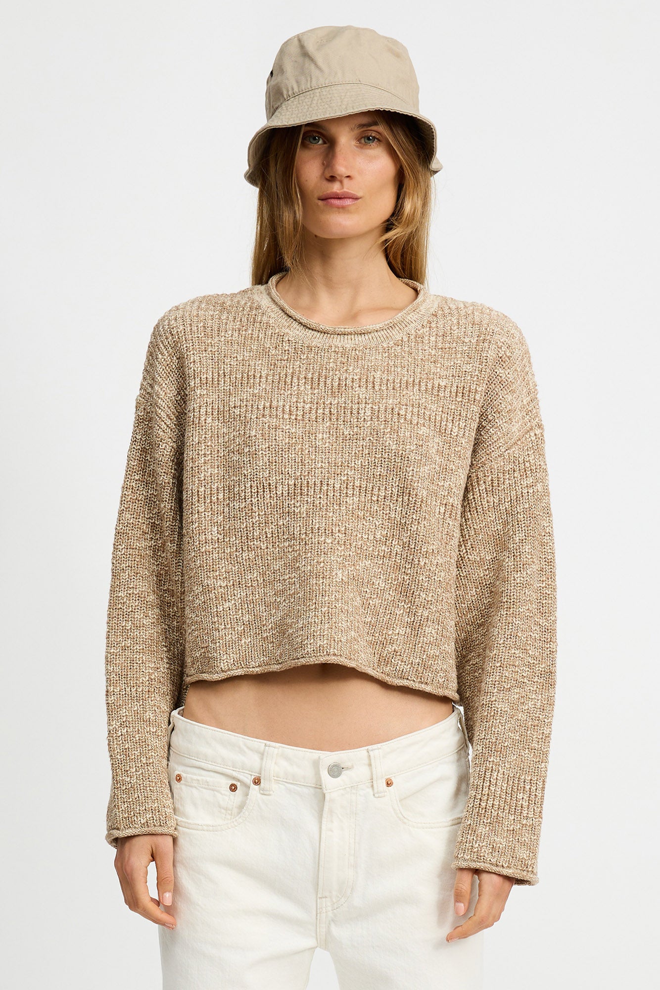 Cropped Relaxed Sweater - Tan Marled