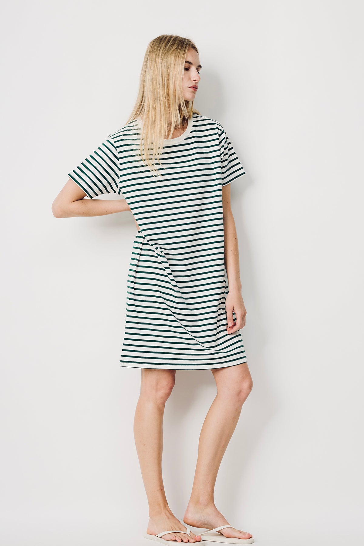 Relaxed Tshirt Dress - Ecru Green Stripe