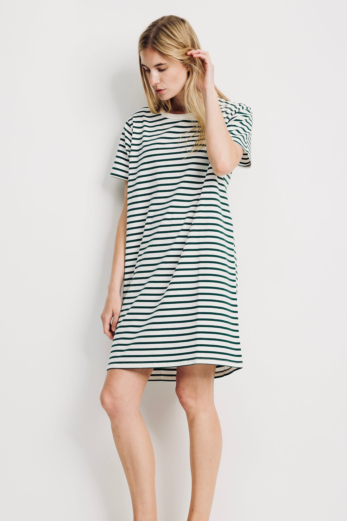 Relaxed Tshirt Dress - Ecru Green Stripe