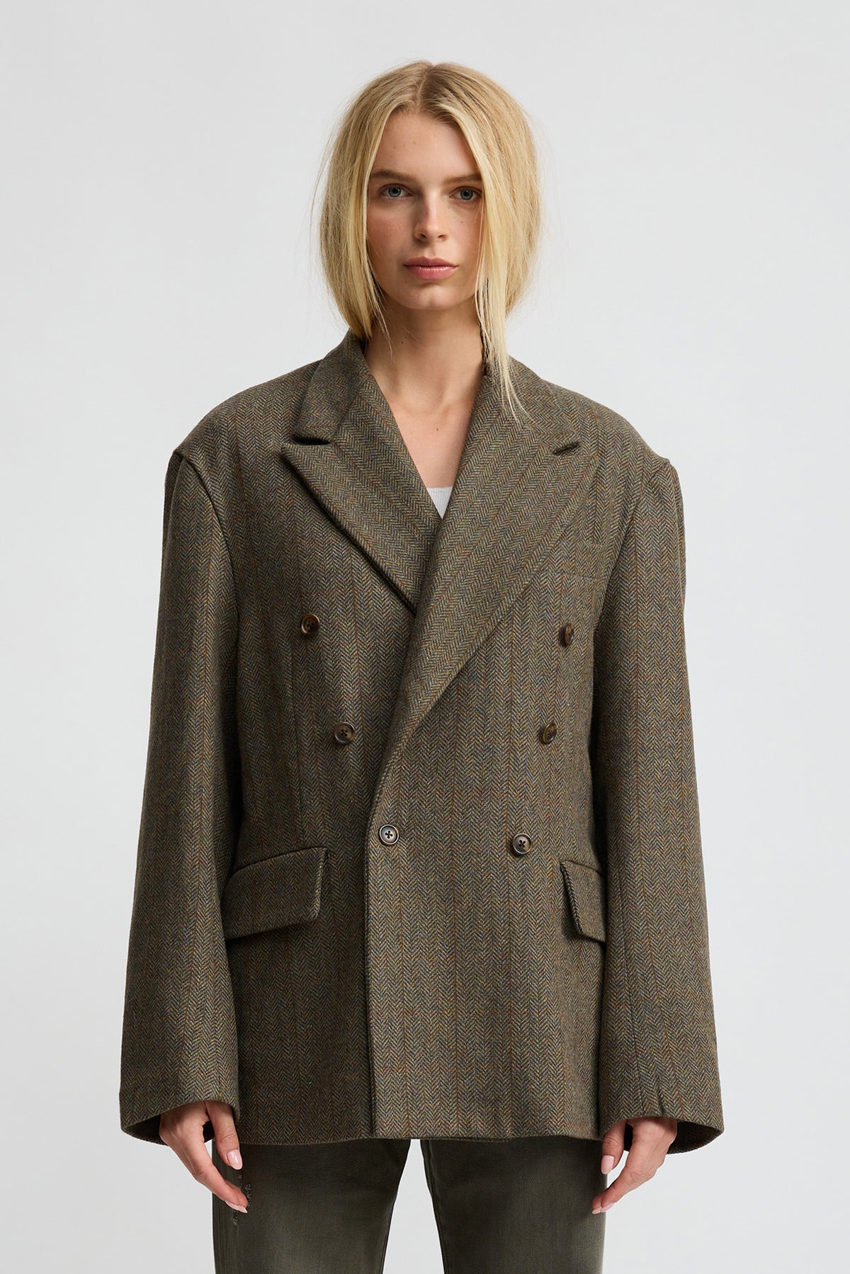 Double Breasted Peak Lapel Blazer - Olive Herringbone