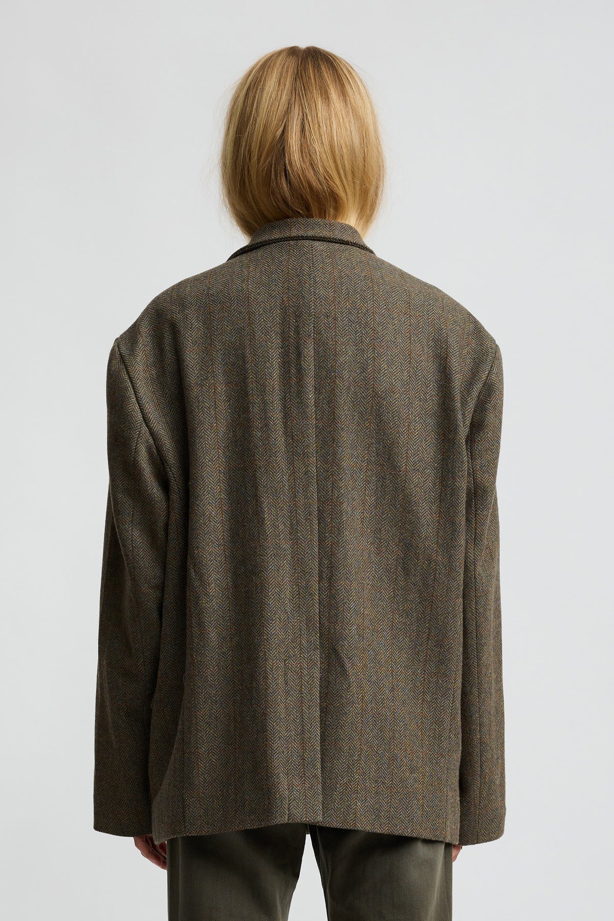 Double Breasted Peak Lapel Blazer - Olive Herringbone