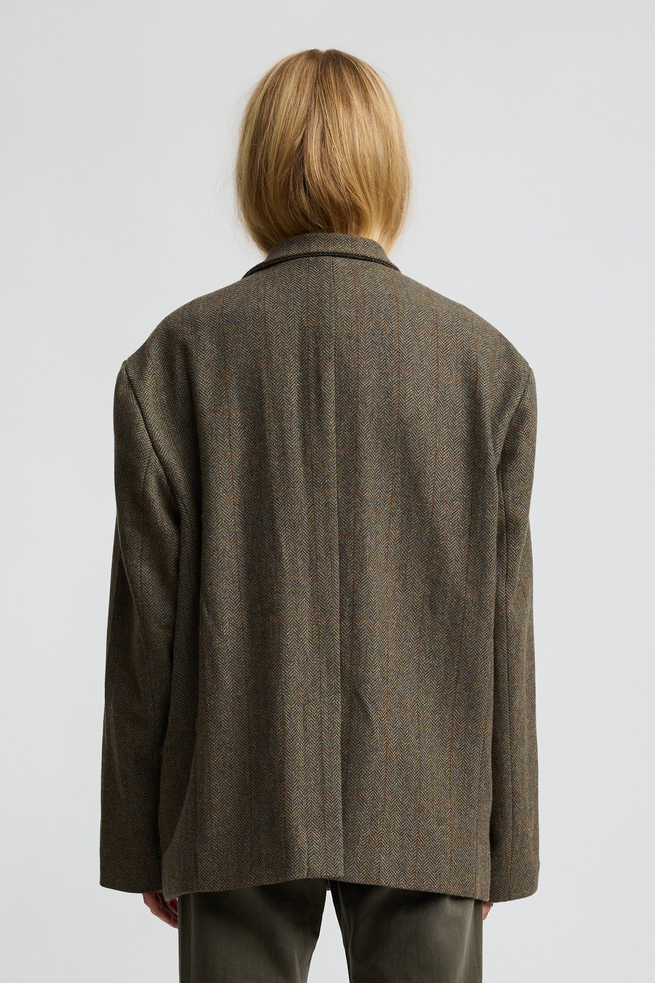 Double Breasted Peak Lapel Blazer - Olive Herringbone