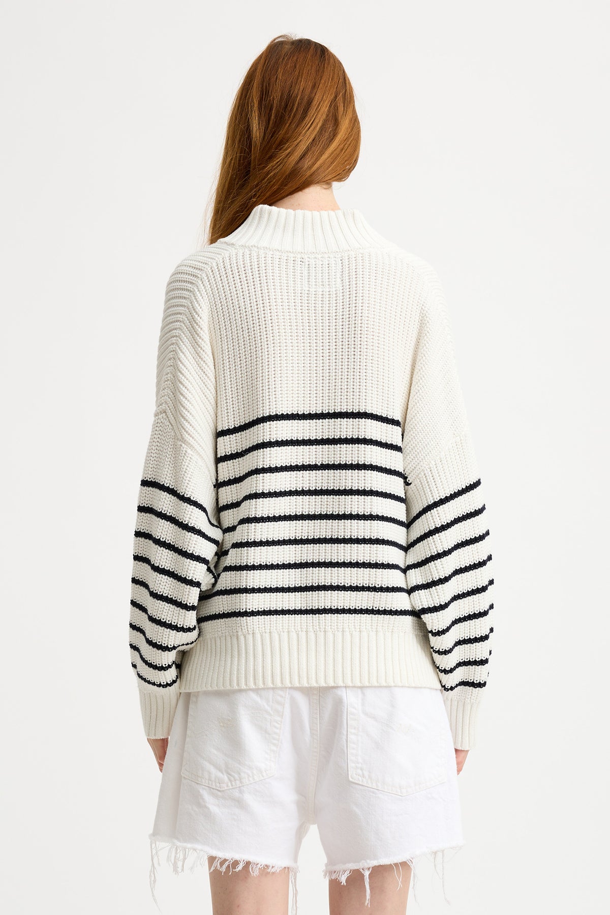 Striped Split Neck Sweater - White With Thin Navy Stripe