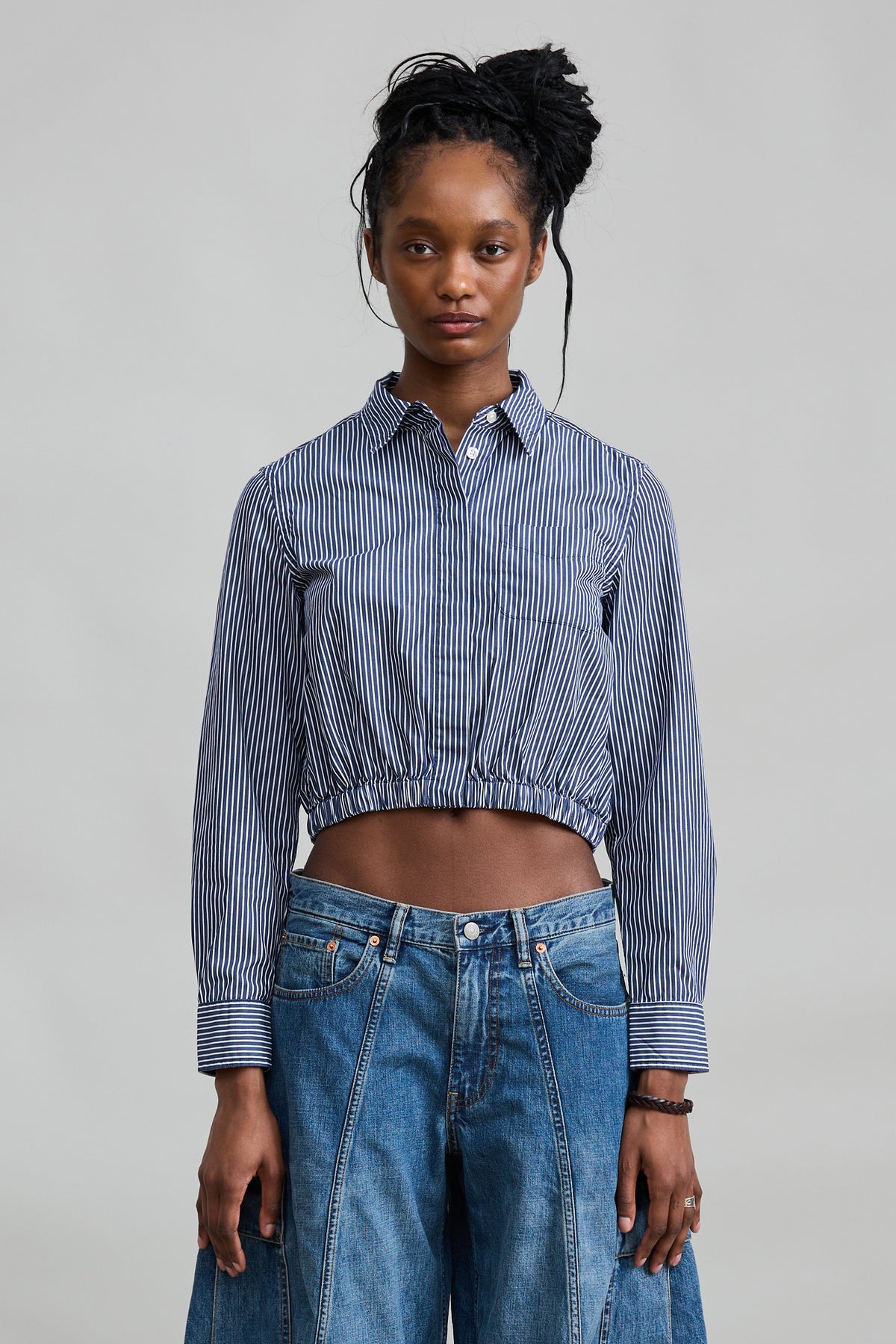 Cropped Elastic Waist Shirt - Black Stripe