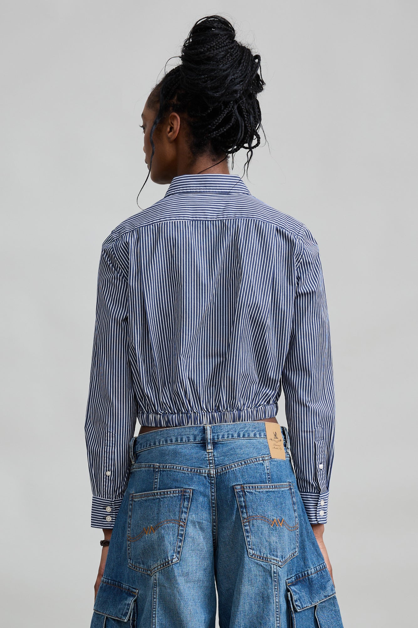 Cropped Elastic Waist Shirt - Black Stripe