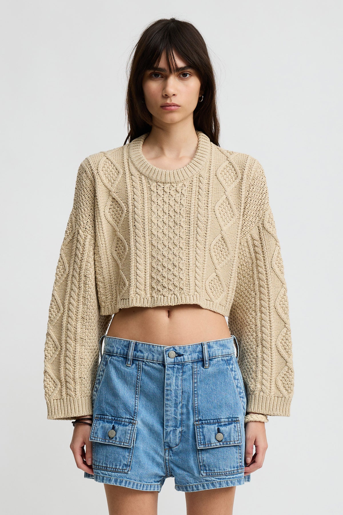Cropped Cable Crewneck Sweater - Heather Beige