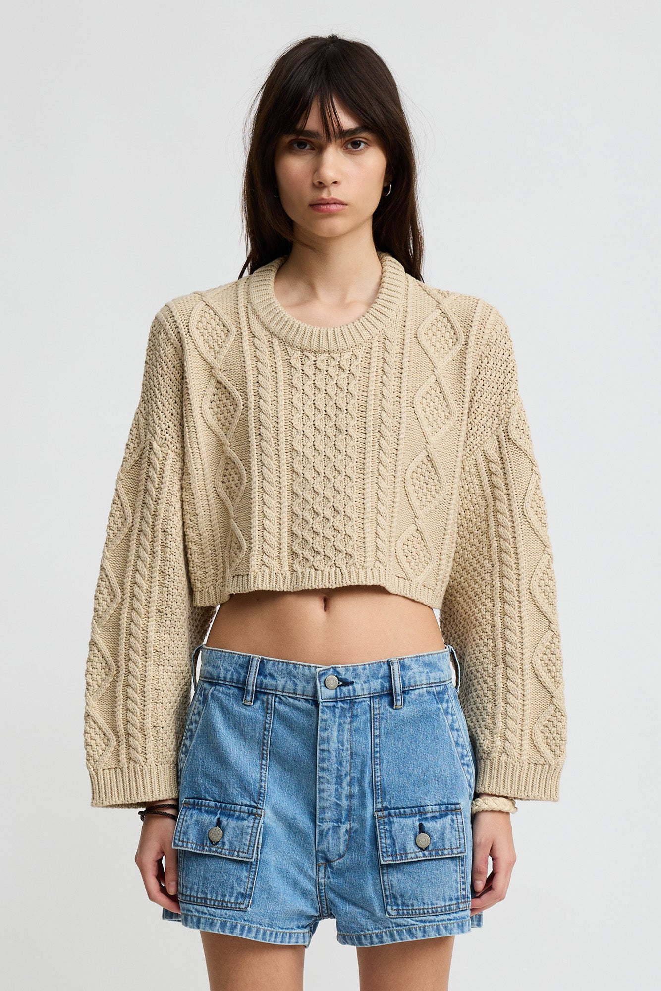 Cropped Cable Crewneck Sweater - Heather Beige