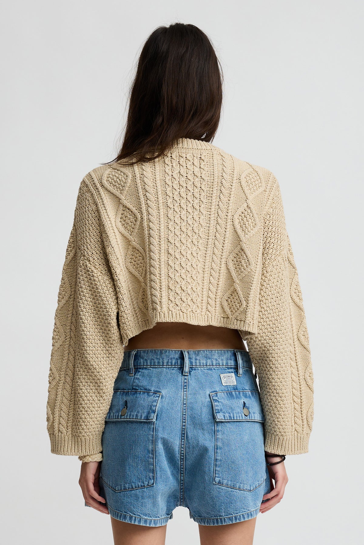 Cropped Cable Crewneck Sweater - Heather Beige