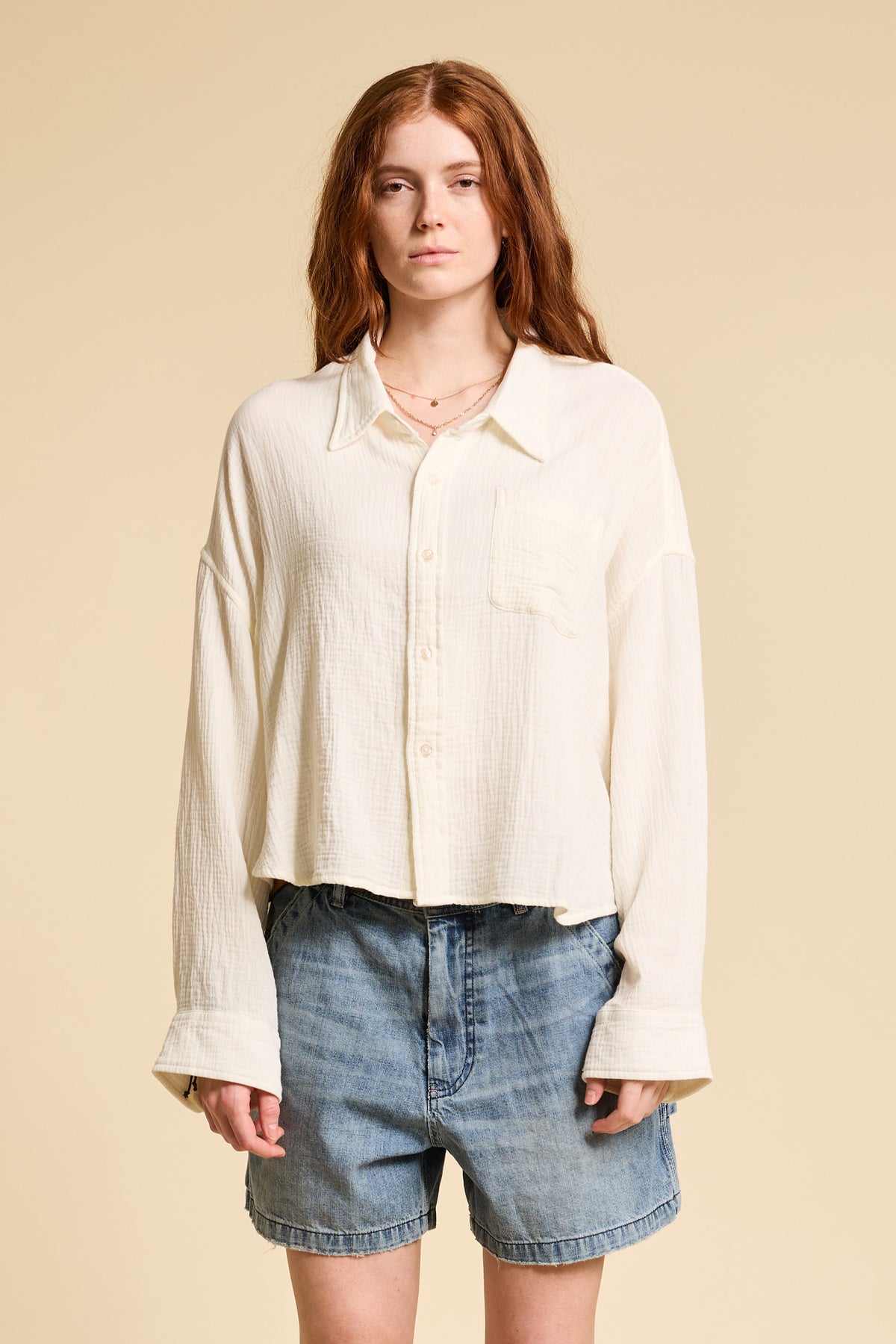 Cropped Button Front Shirt - Ecru Gauze