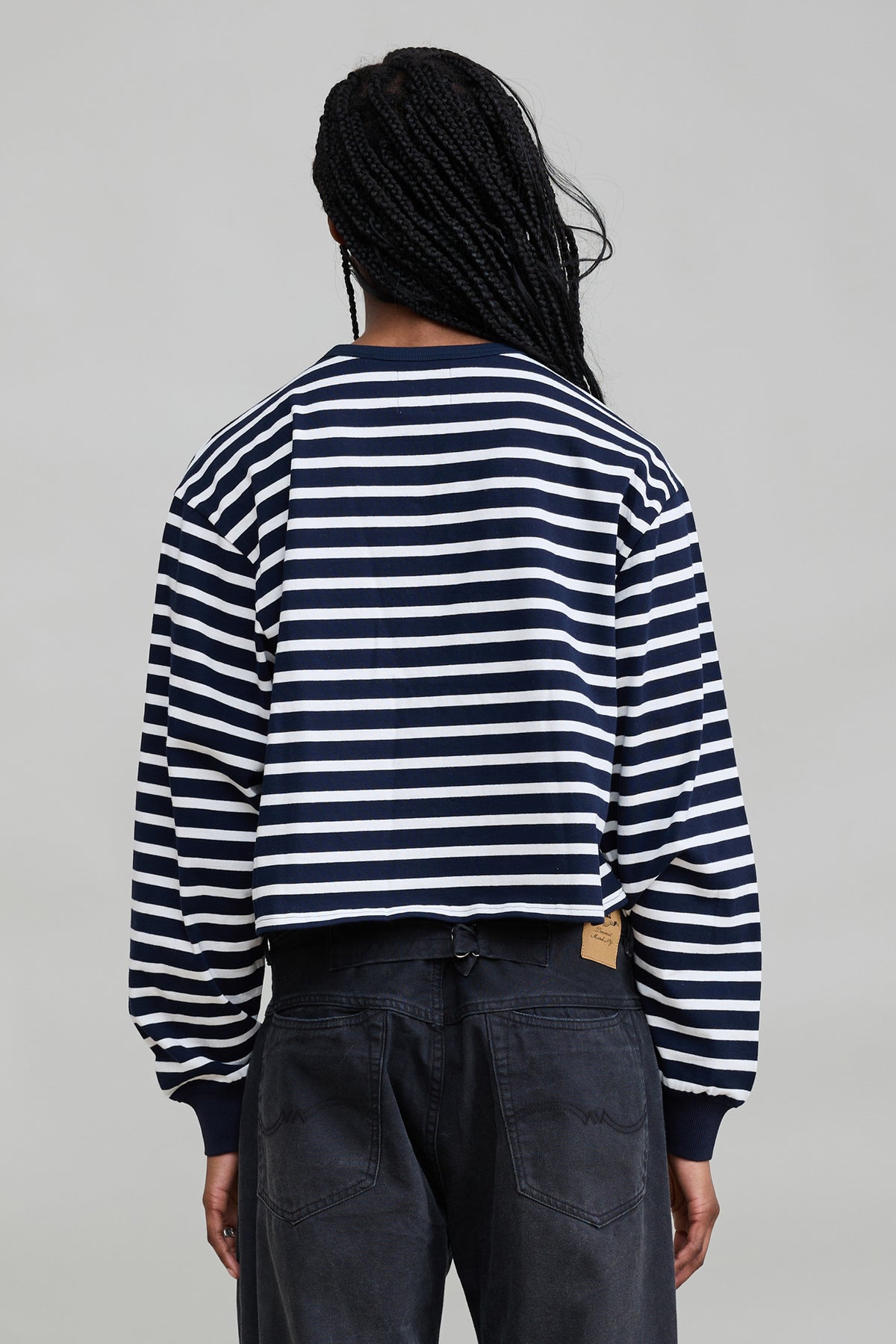 Boxy Cropped Long Sleeve Crewneck Tee - Navy White Stripe