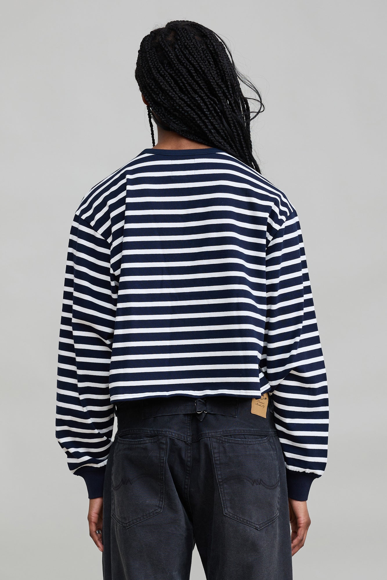 Boxy Cropped Long Sleeve Crewneck Tee - Navy White Stripe