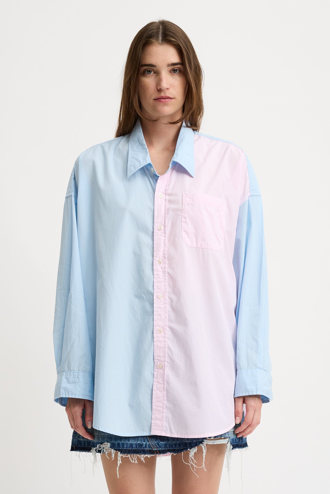 Button Front Shirt - Light Blue With Pink