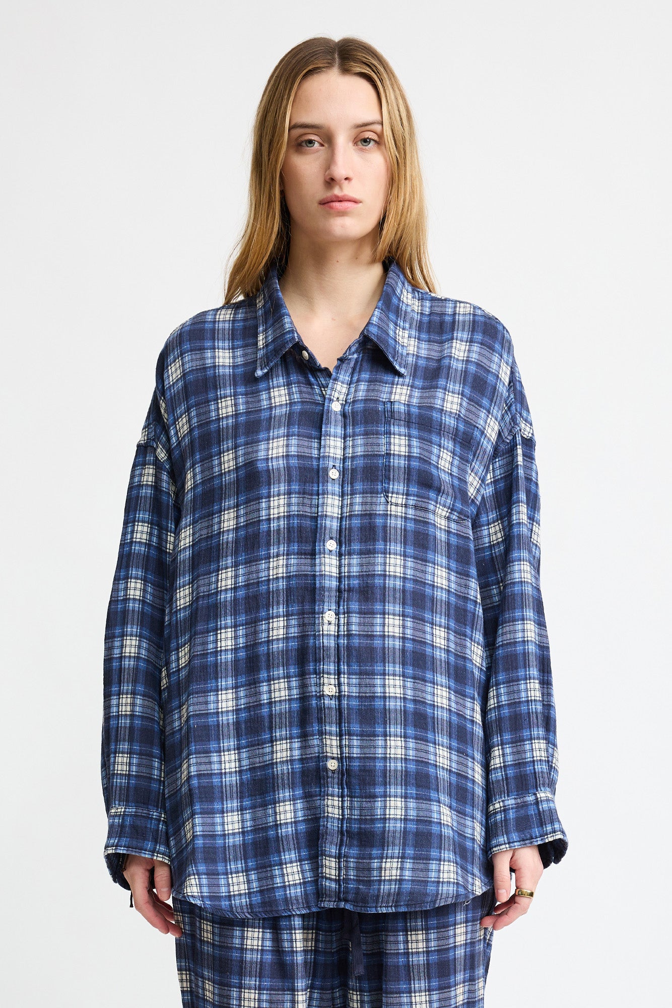 Button Front Shirt - Printed Blue/Ecru Plaid