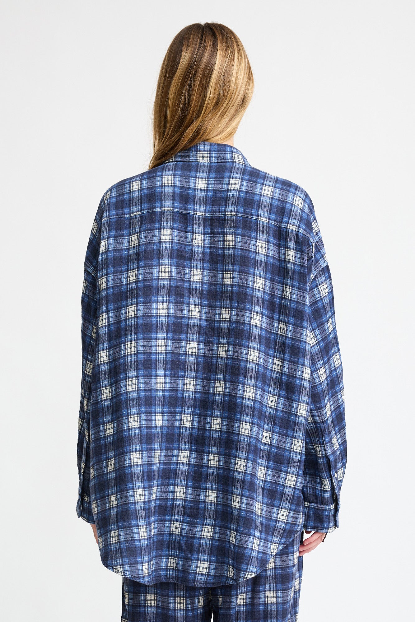 Button Front Shirt - Printed Blue/Ecru Plaid