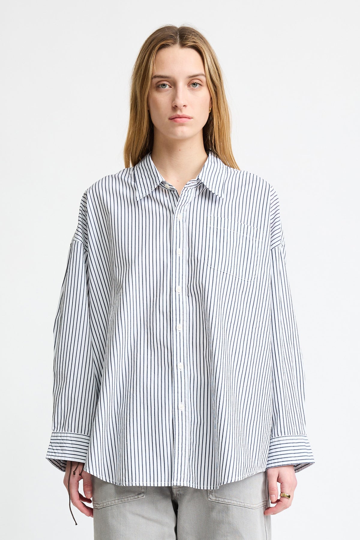 Button Front Shirt - Navy On White Stripe