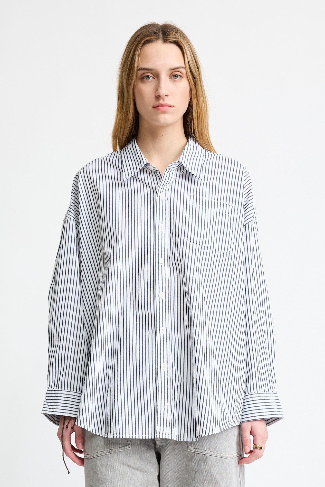 Button Front Shirt - Navy On White Stripe