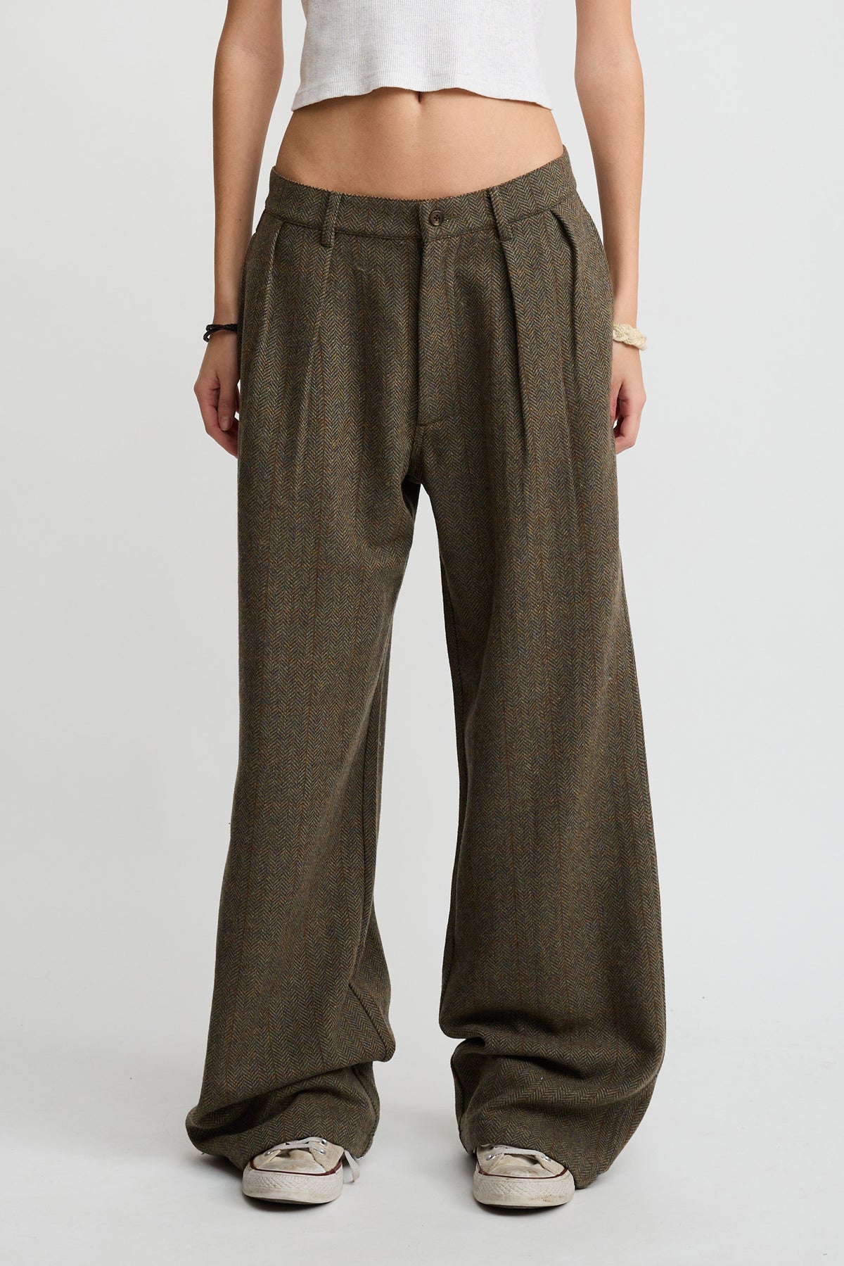Double Pleat Wide Leg Pant - Olive Herringbone