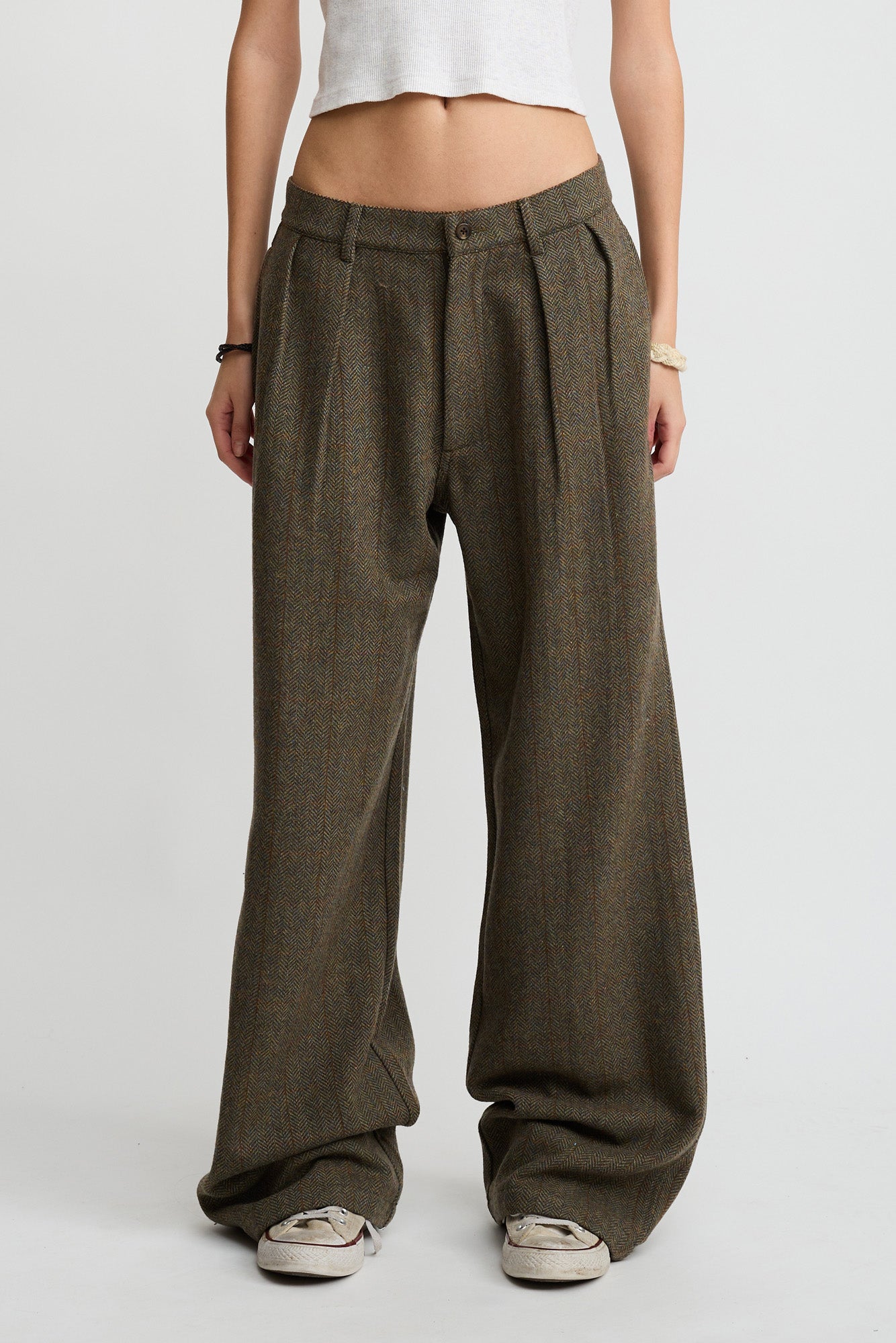 Double Pleat Wide Leg Pant - Olive Herringbone