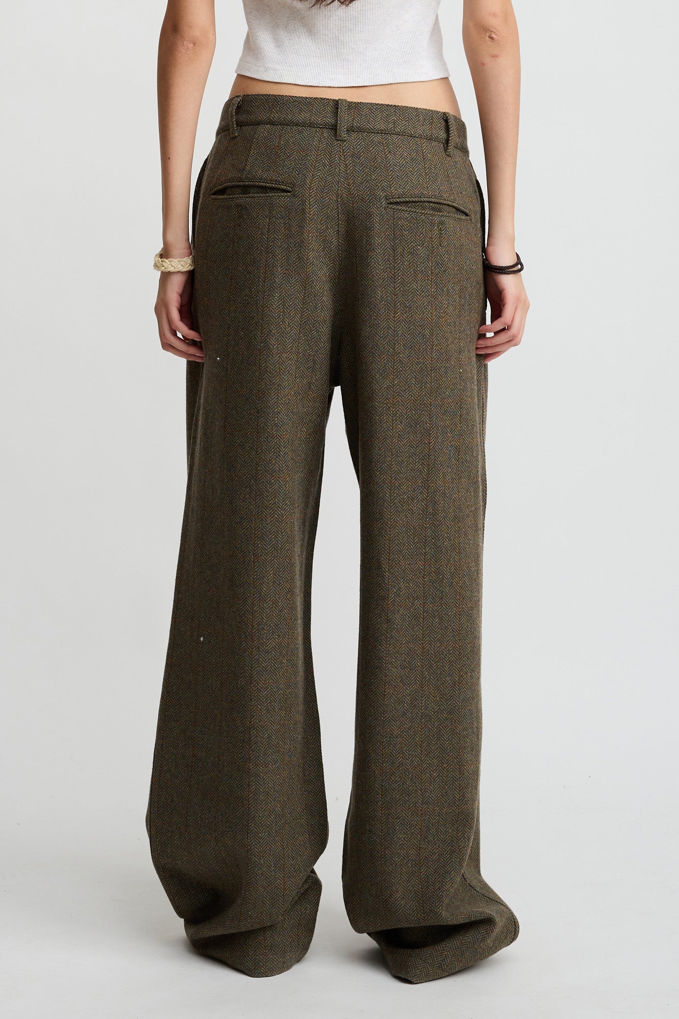 Double Pleat Wide Leg Pant - Olive Herringbone