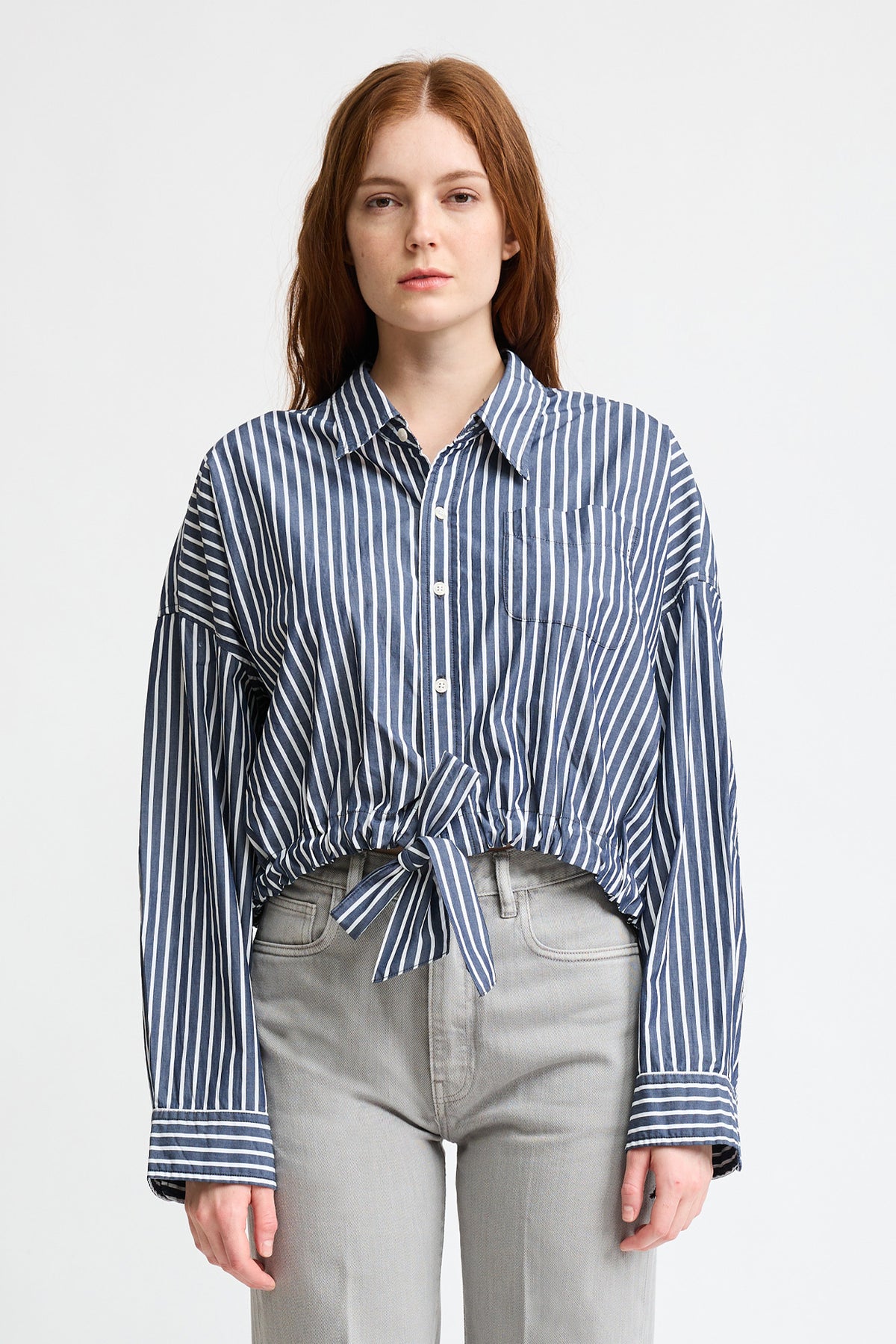 Long Sleeve Front Tie Shirt - Dark Navy Wide Stripe