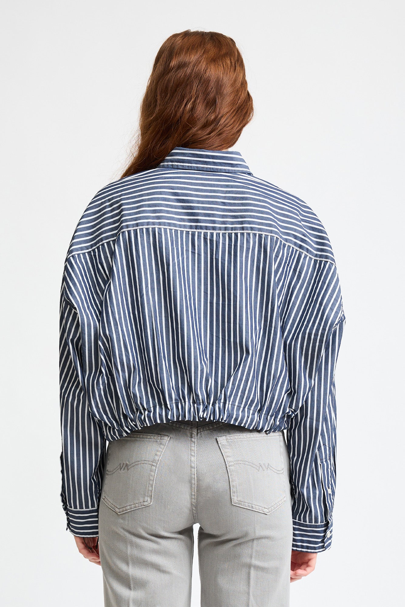 Long Sleeve Front Tie Shirt - Dark Navy Wide Stripe