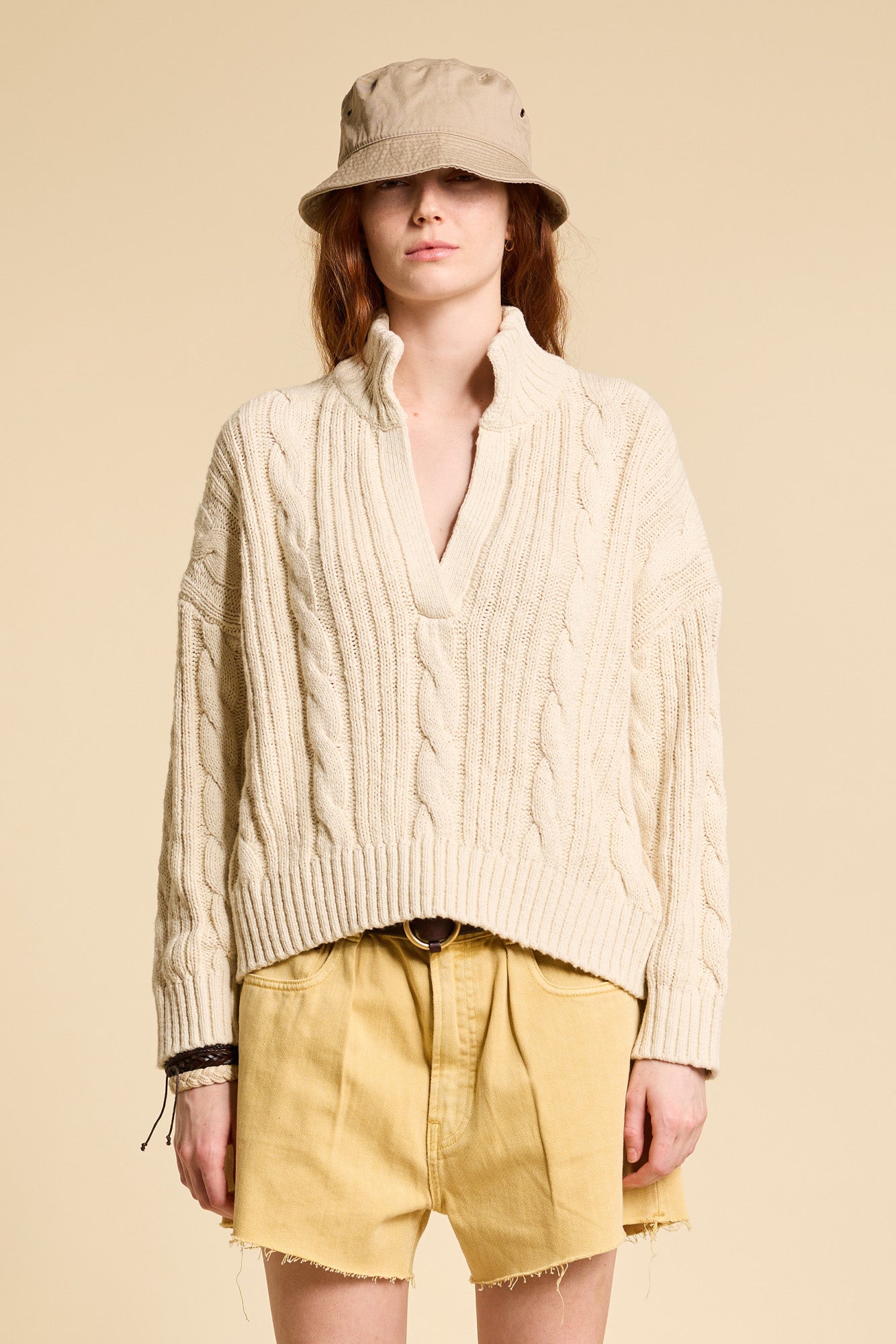 Split Neck Cable Sweater - Ecru Slub