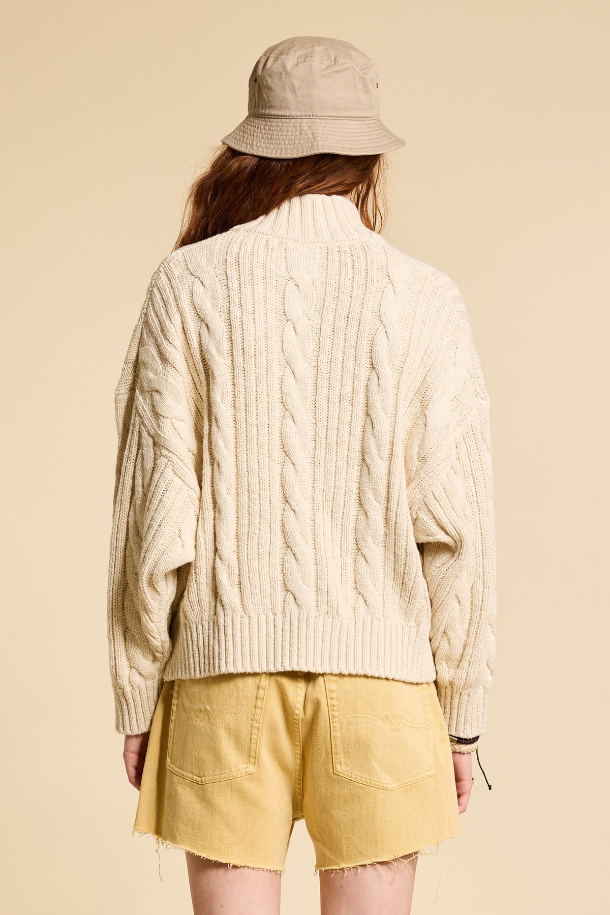 Split Neck Cable Sweater - Ecru Slub