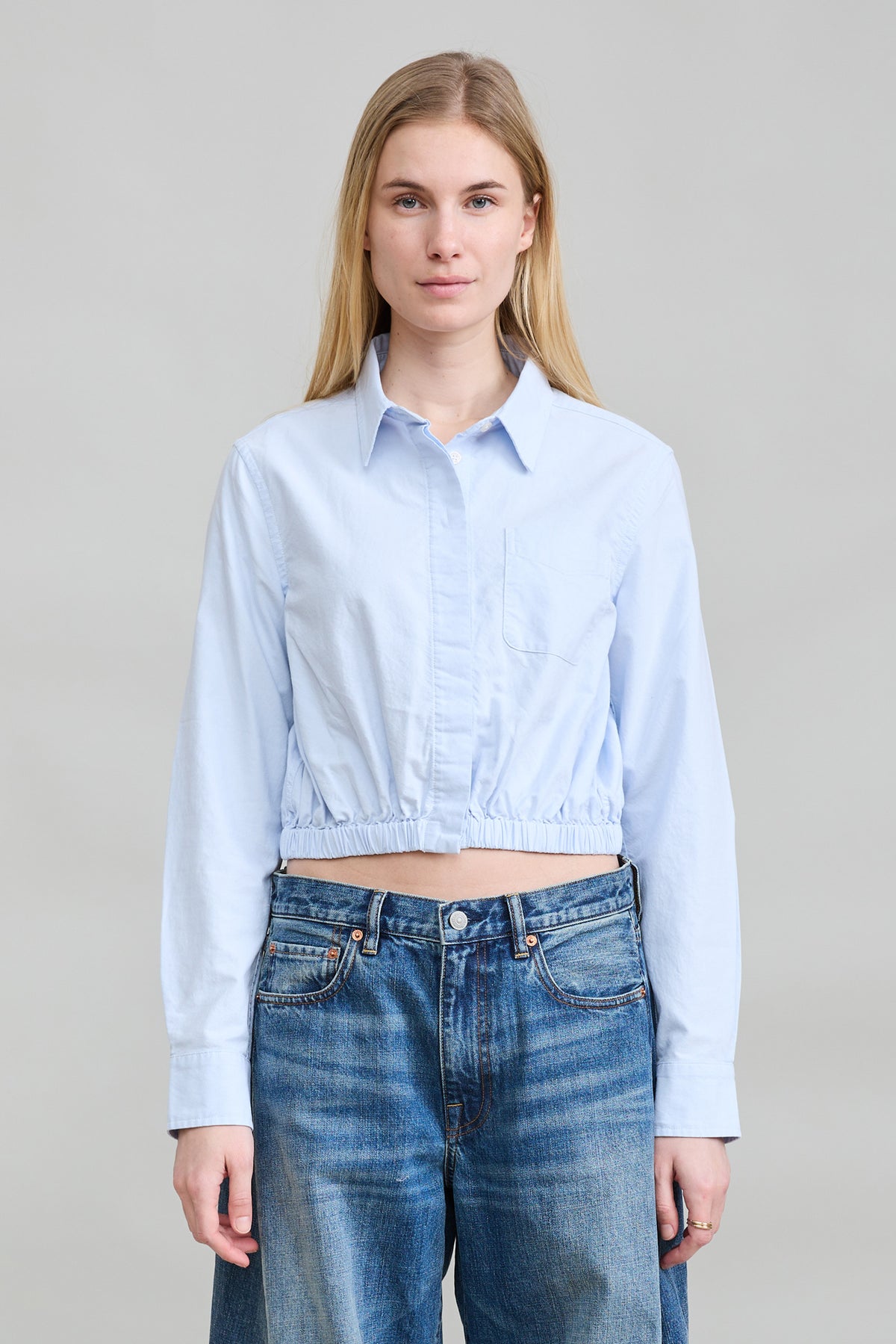Cropped Elastic Waist Shirt - Light Blue Oxford