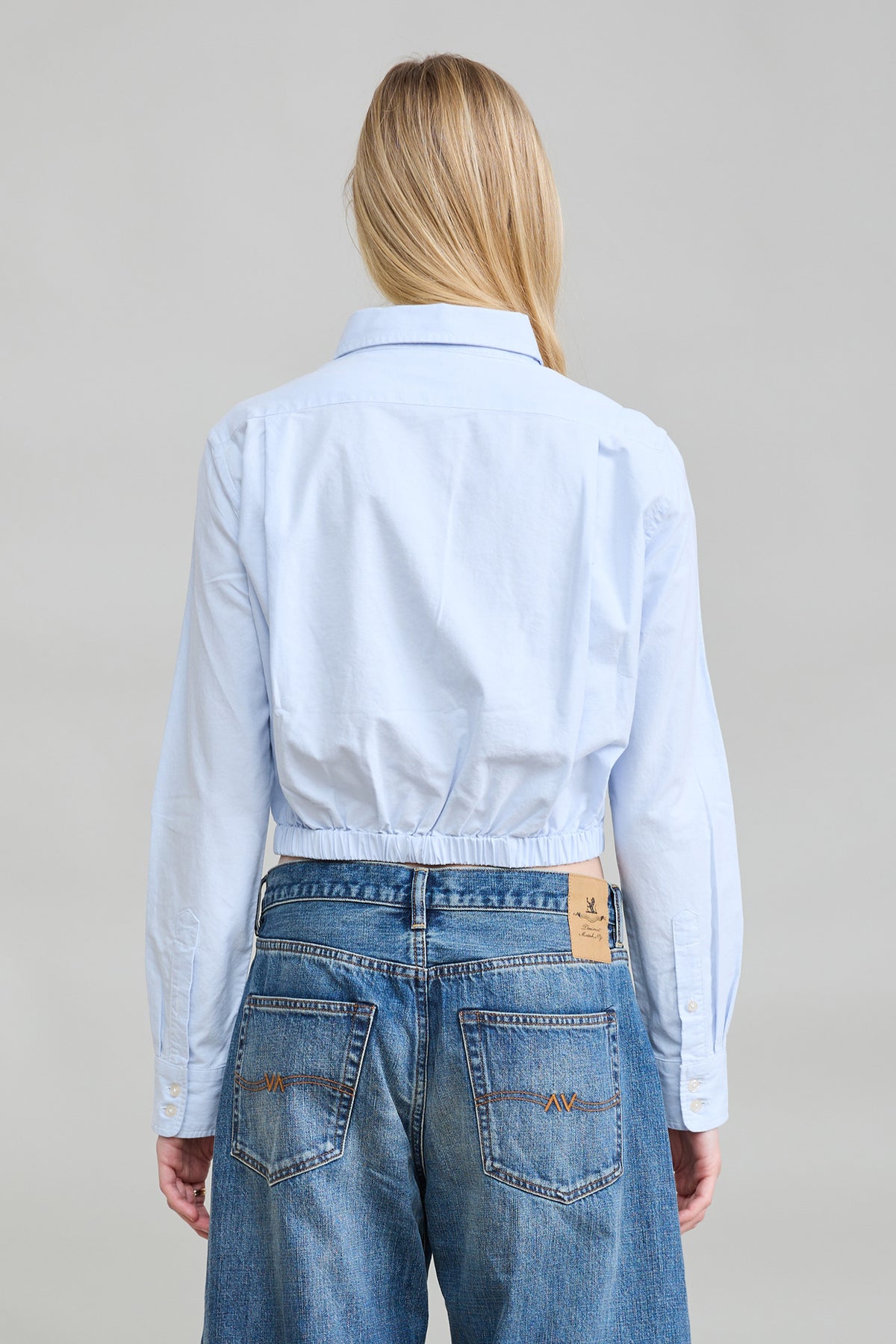 Cropped Elastic Waist Shirt - Light Blue Oxford