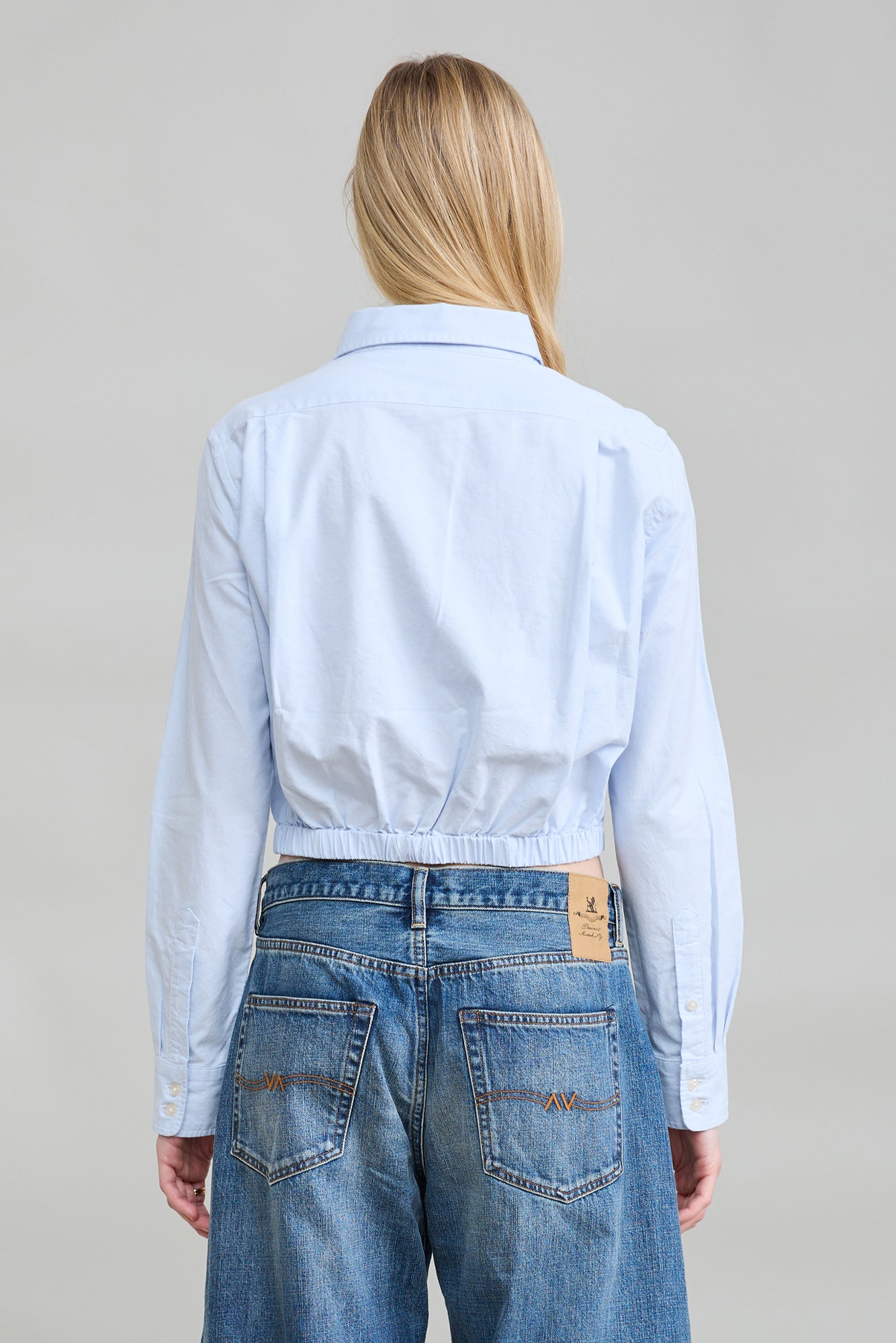 Cropped Elastic Waist Shirt - Light Blue Oxford