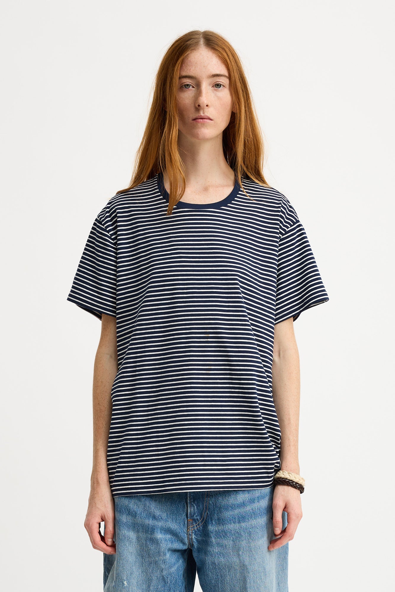 Relaxed Tee - Navy With Narrow White Stripe