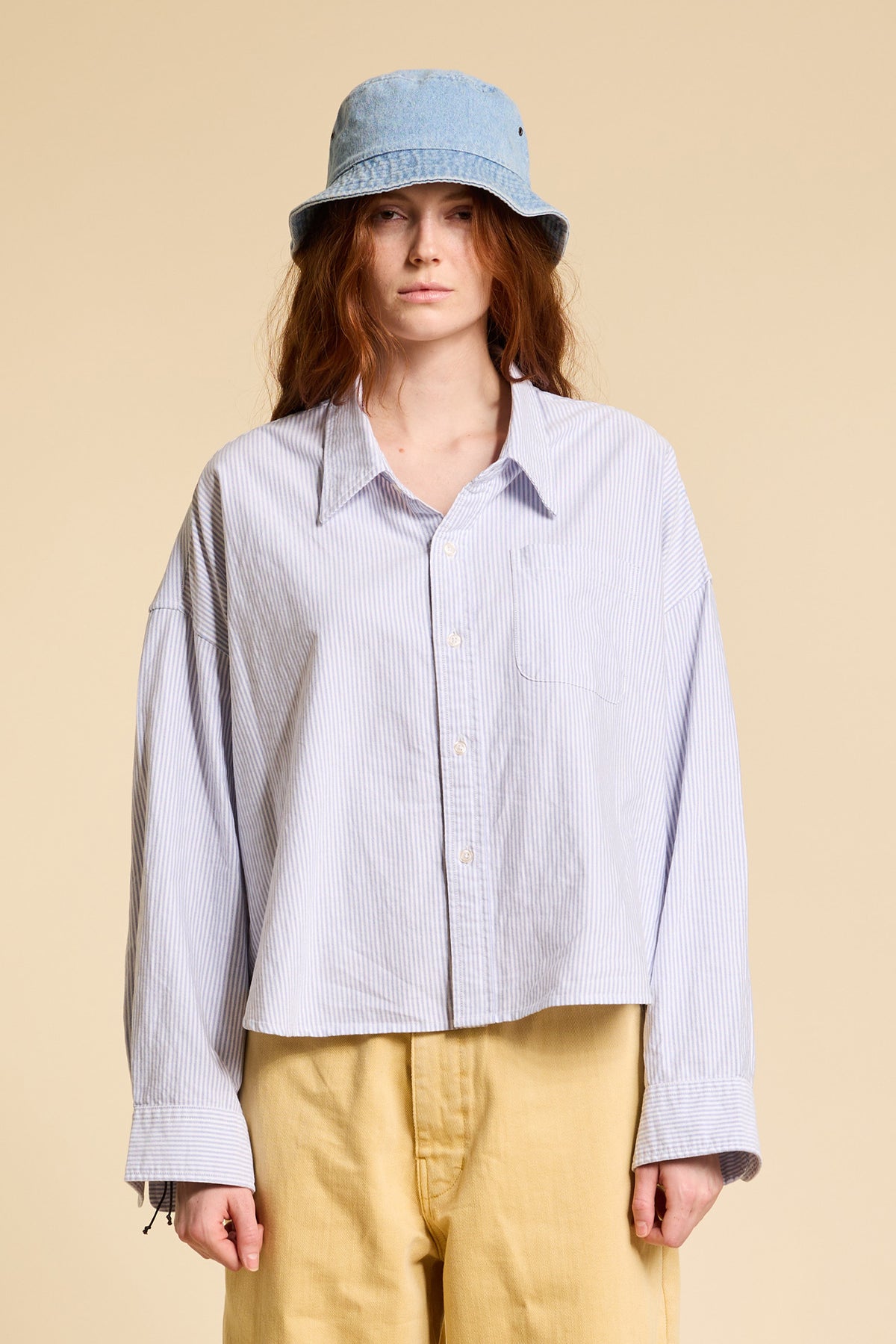 Cropped Button Front Shirt - Blue Stripe Oxford