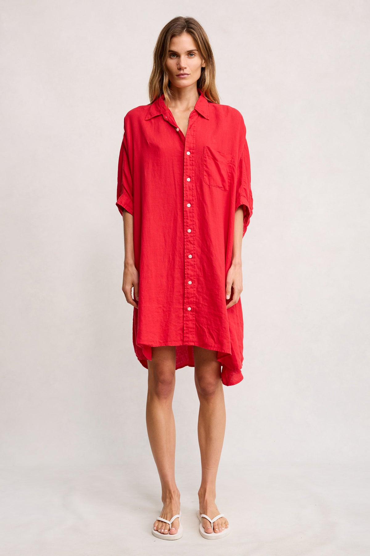 Oversized Cuffed Shirtdress - Red