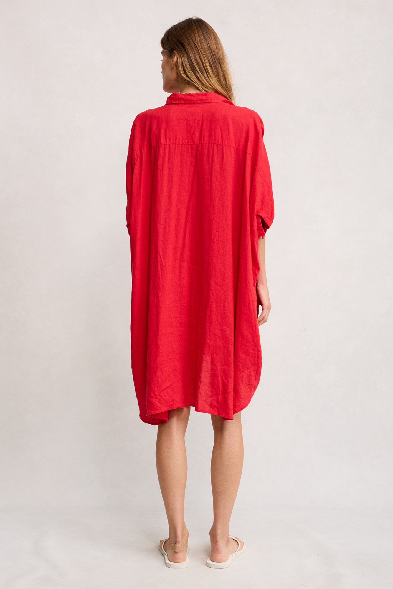 Oversized Cuffed Shirtdress - Red